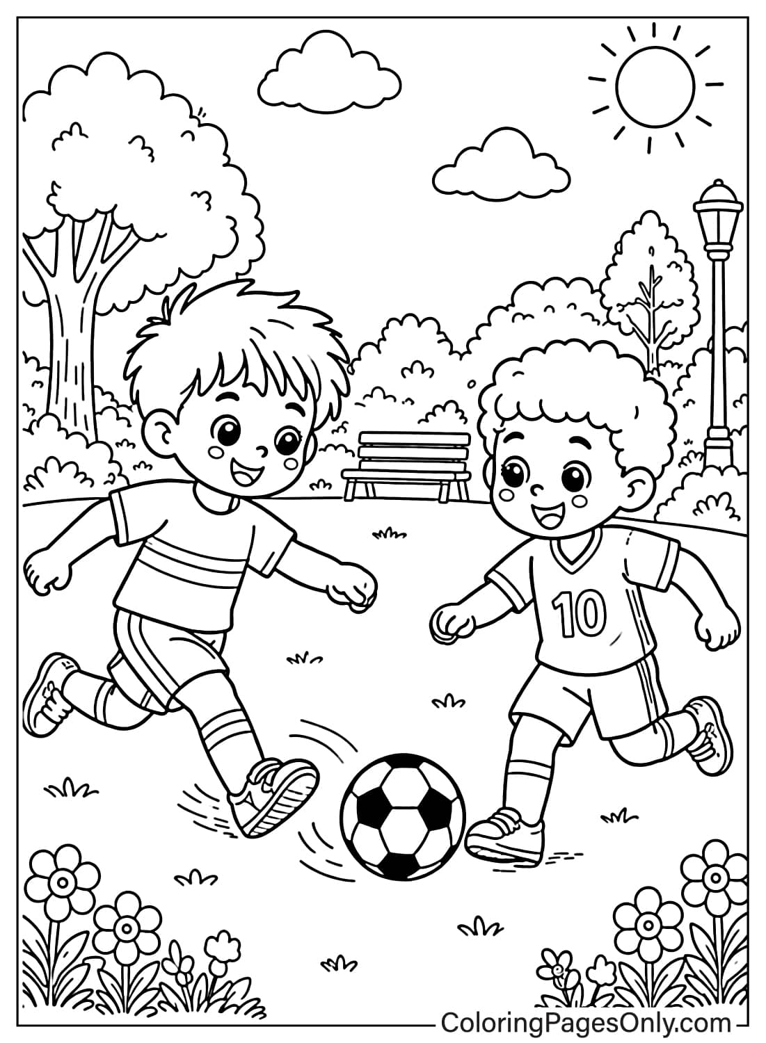 Two boys playing soccer in a sunny park with flowers and trees – May coloring page for kids from May