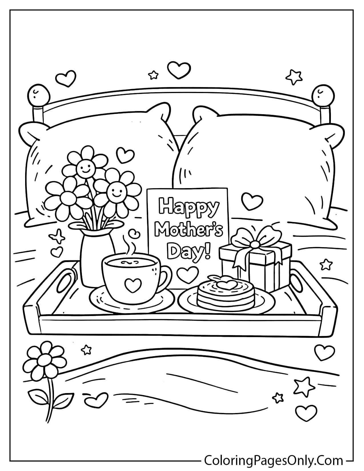 Mother’s Day breakfast in bed coloring page with tray, coffee, pancakes, flowers, and gift for mom from Mother's Day