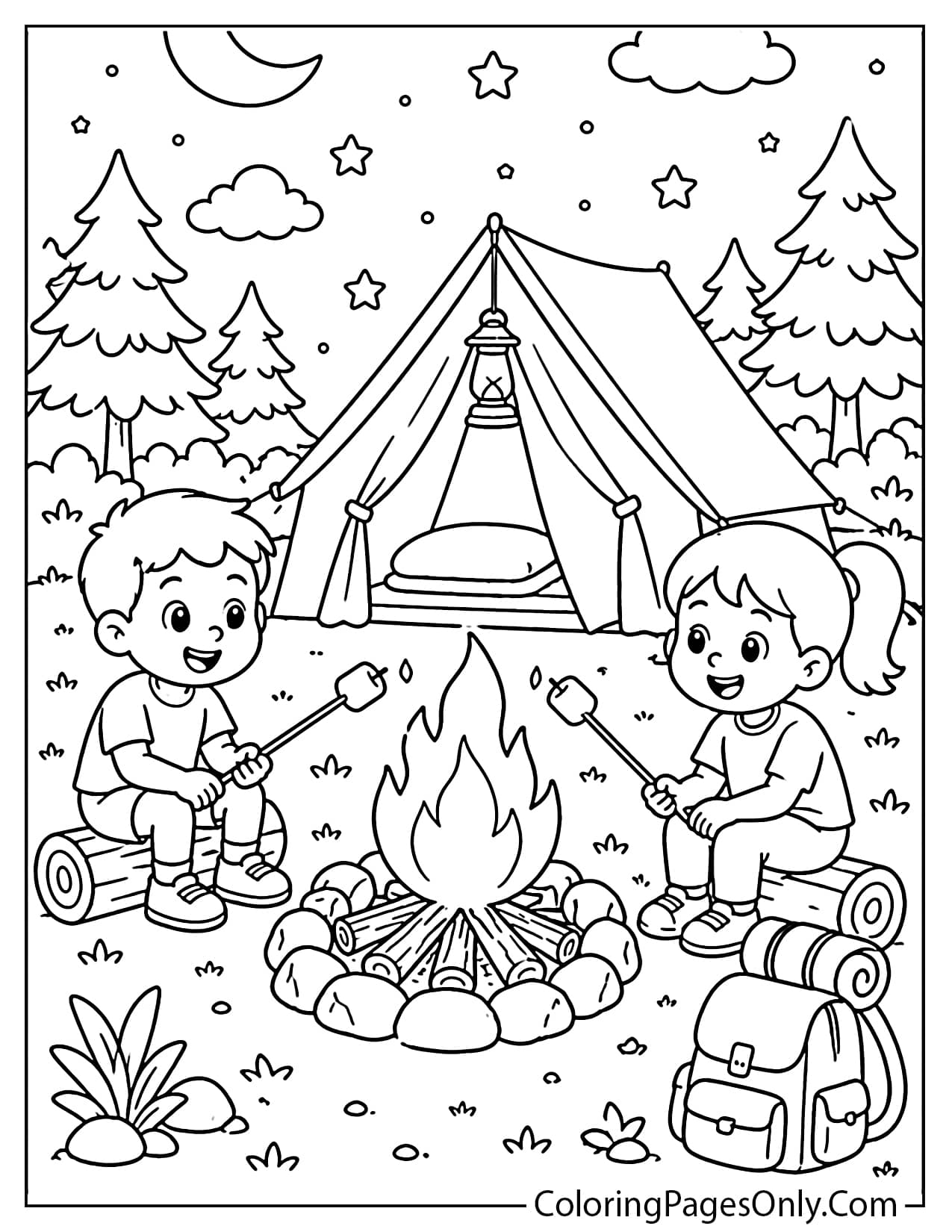 Camping Night with Campfire Coloring Page from Summer