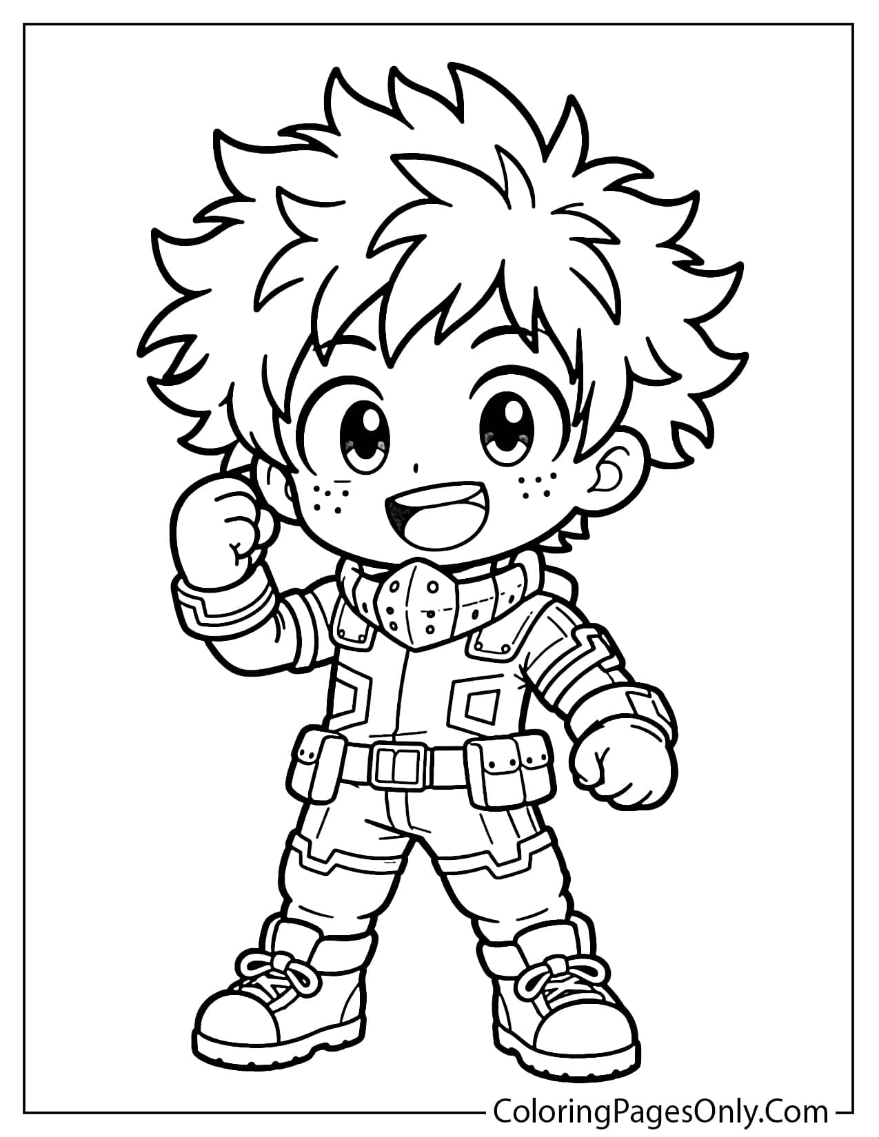 Chibi Deku smiling in a cute hero pose coloring page from Deku