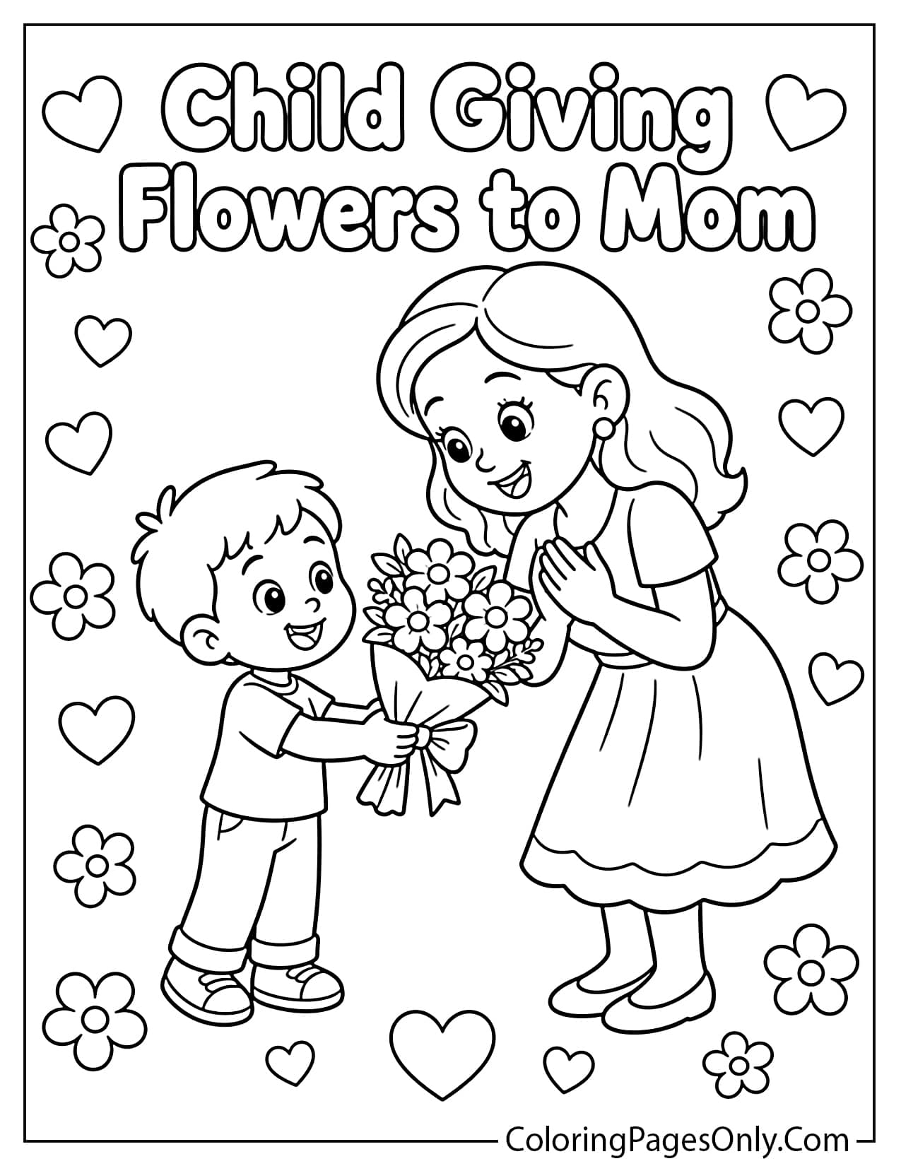Child giving flowers to mom coloring page from I Love Mom