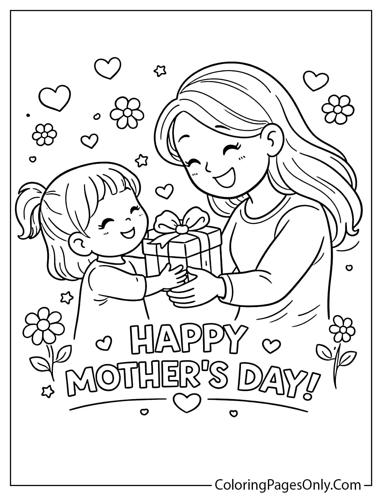 Happy Mother’s Day coloring page of a child giving a gift to mom with hearts and flowers from Mother's Day