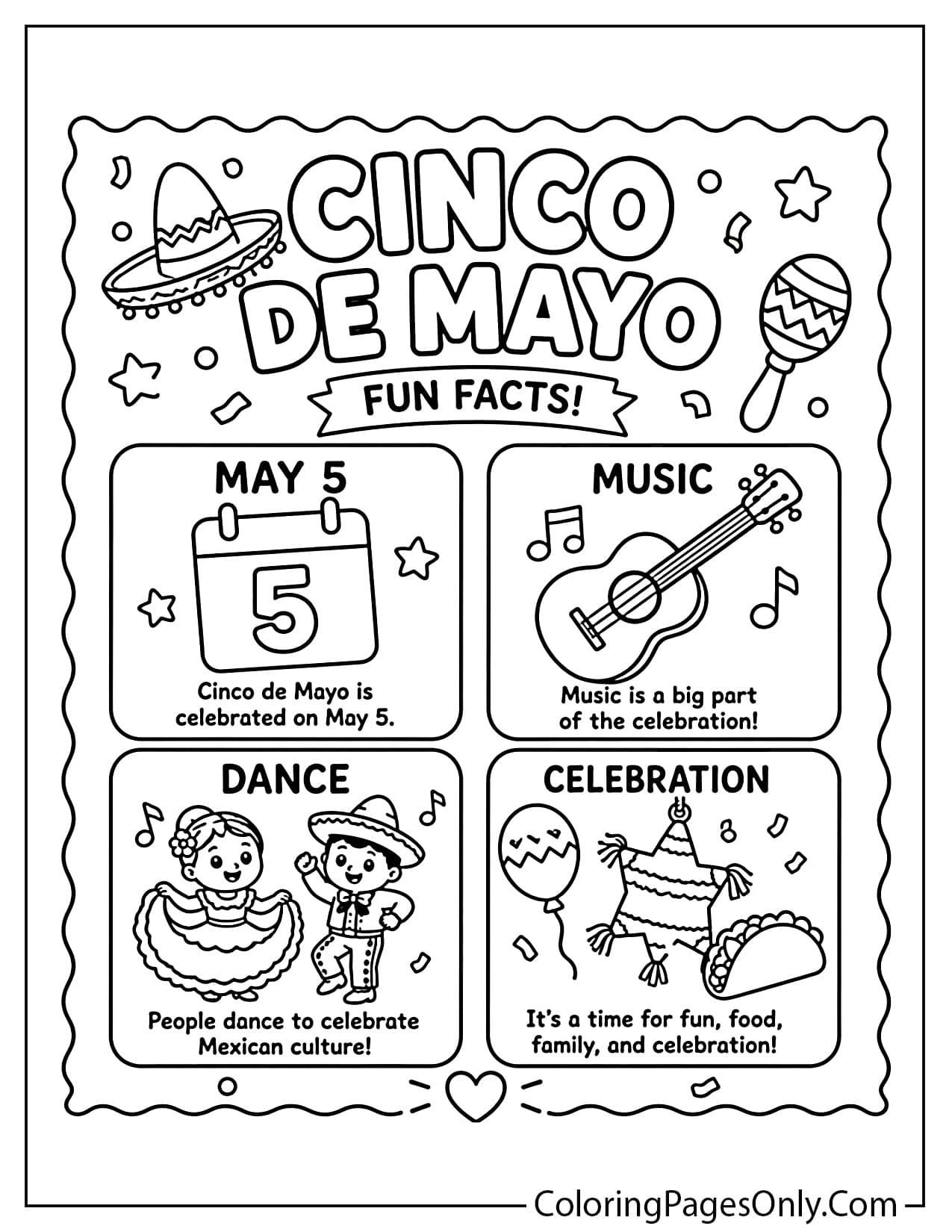 Cinco de Mayo facts coloring page for children with fun celebration icons from Cinco De Mayo