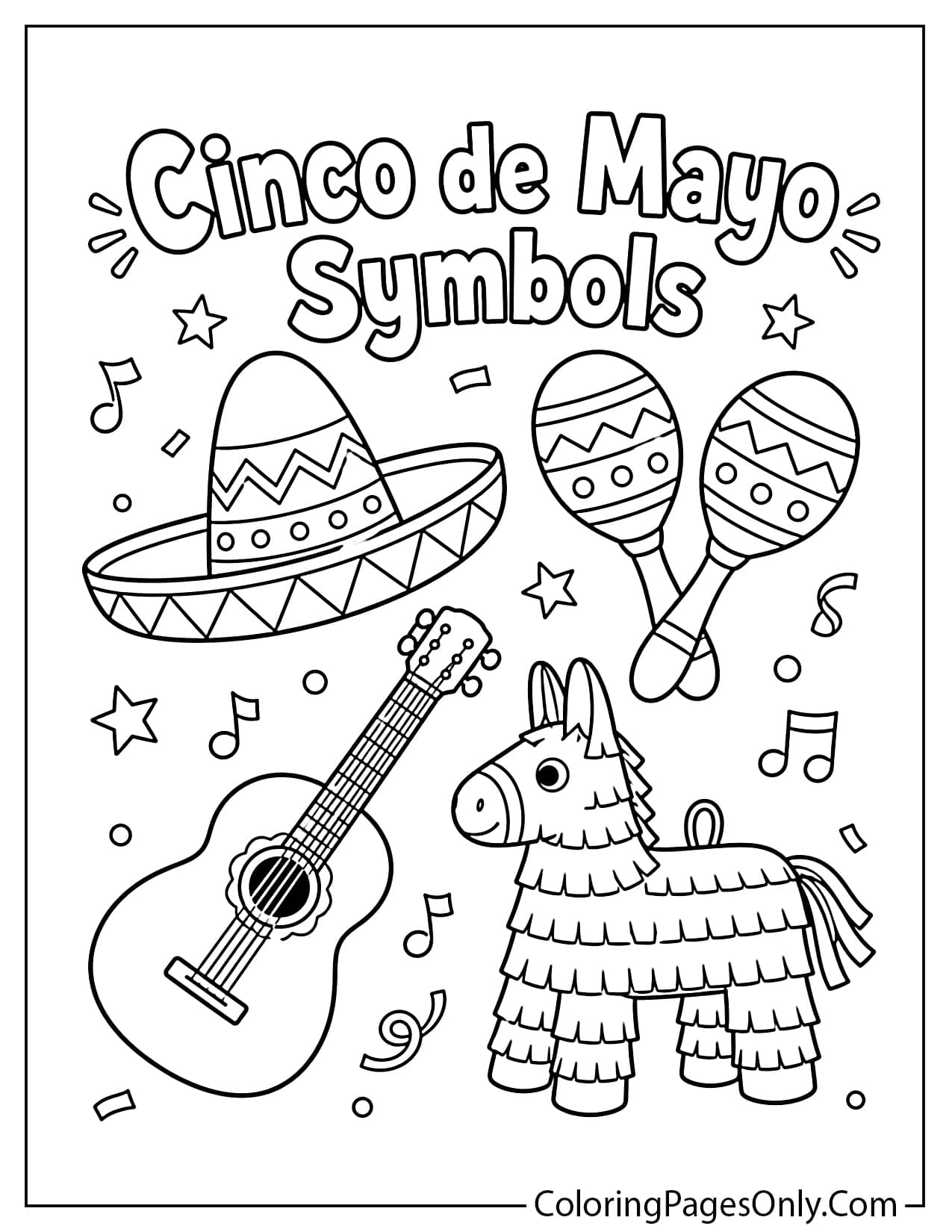 Cinco de Mayo symbols coloring page with sombrero maracas guitar and piñata from Cinco De Mayo