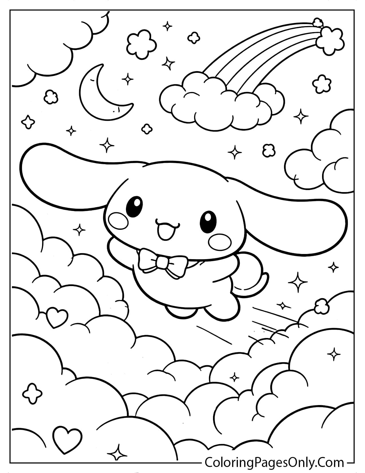 Cinnamoroll flying in the sky surrounded by fluffy clouds, stars, and a rainbow from Cinnamoroll