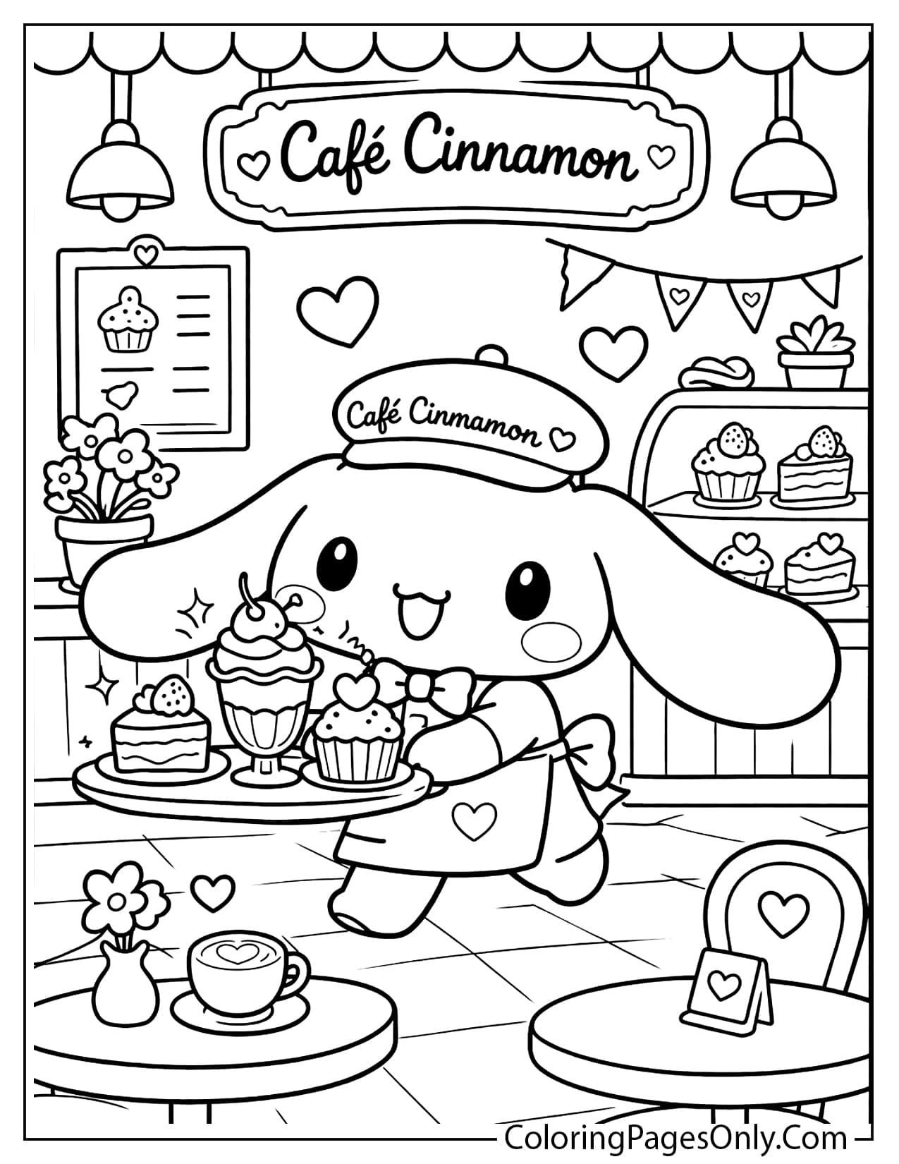 Cinnamoroll serving cakes and desserts on a tray inside Café Cinnamon from Cinnamoroll