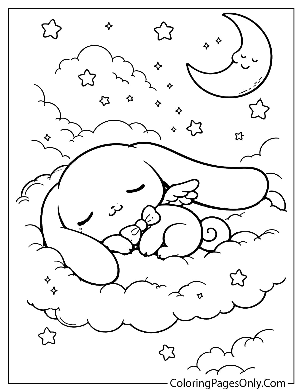 Cinnamoroll sleeping on a soft cloud under the night sky with stars and a crescent moon from Cinnamoroll