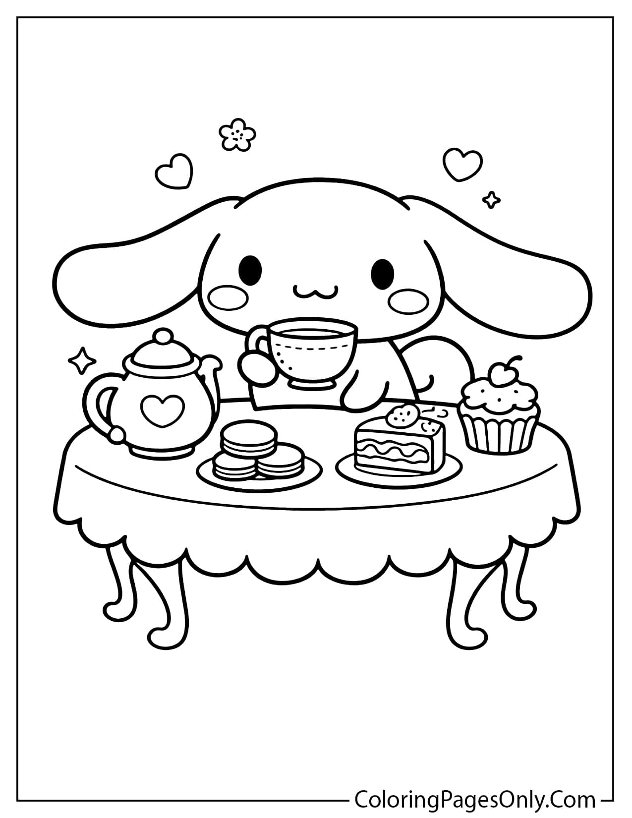 Cinnamoroll having a tea party with teapot, cupcakes, and sweets on a table from Cinnamoroll