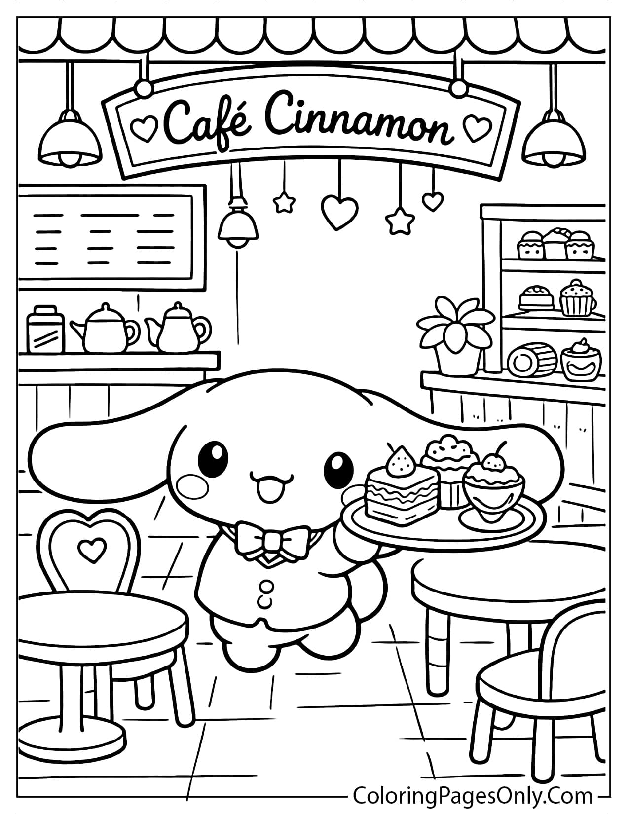 Cinnamoroll standing inside Café Cinnamon with tables, chairs, and cute café decorations from Cinnamoroll