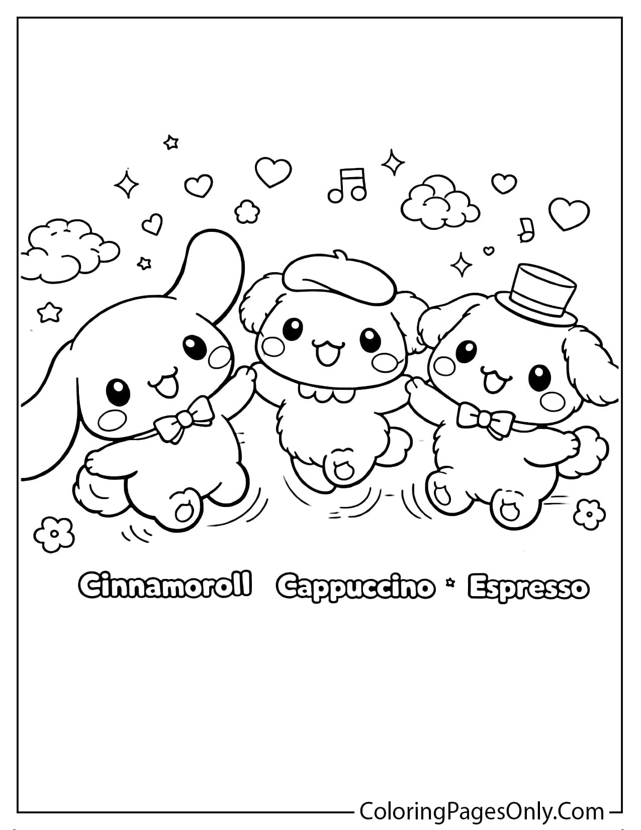Cinnamoroll, Cappuccino, and Espresso holding hands and jumping happily together from Cinnamoroll