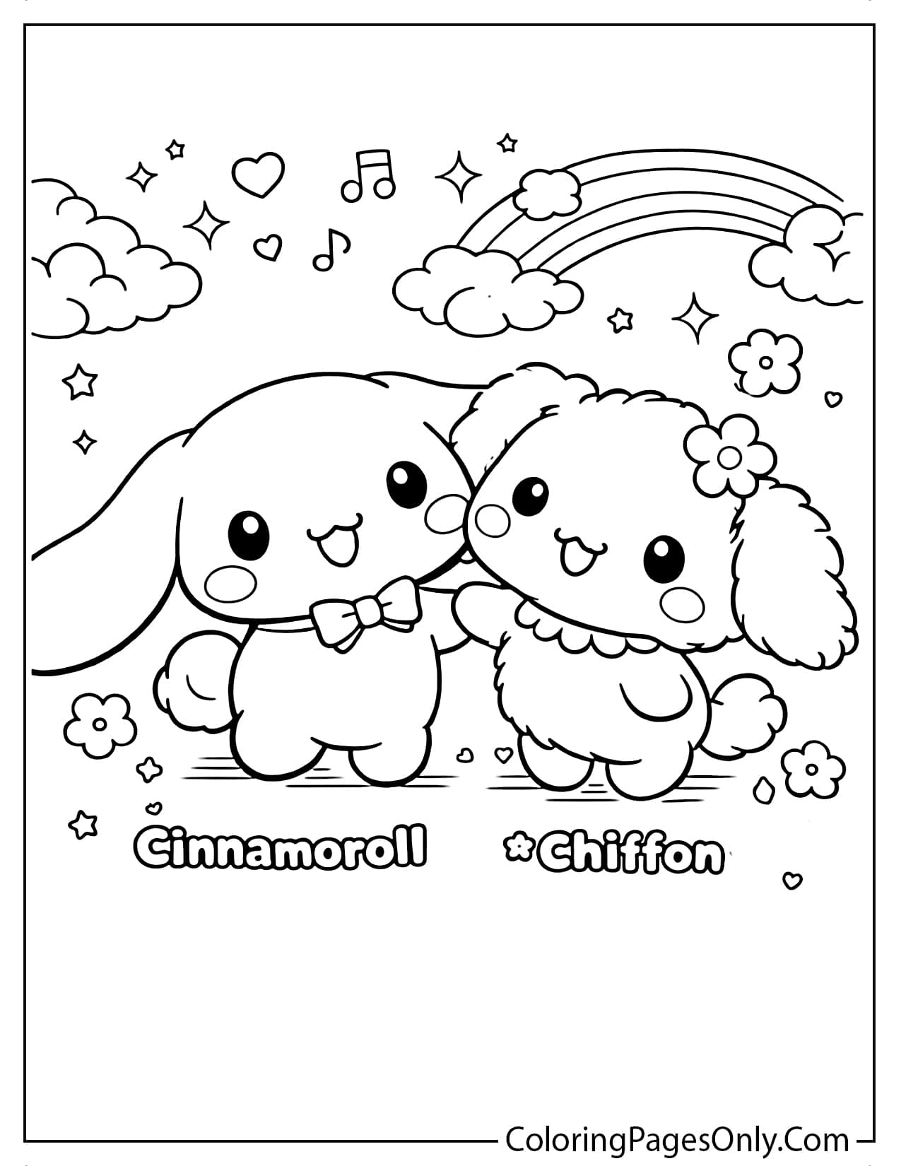 Cinnamoroll and Chiffon standing together smiling with cute decorations around from Cinnamoroll