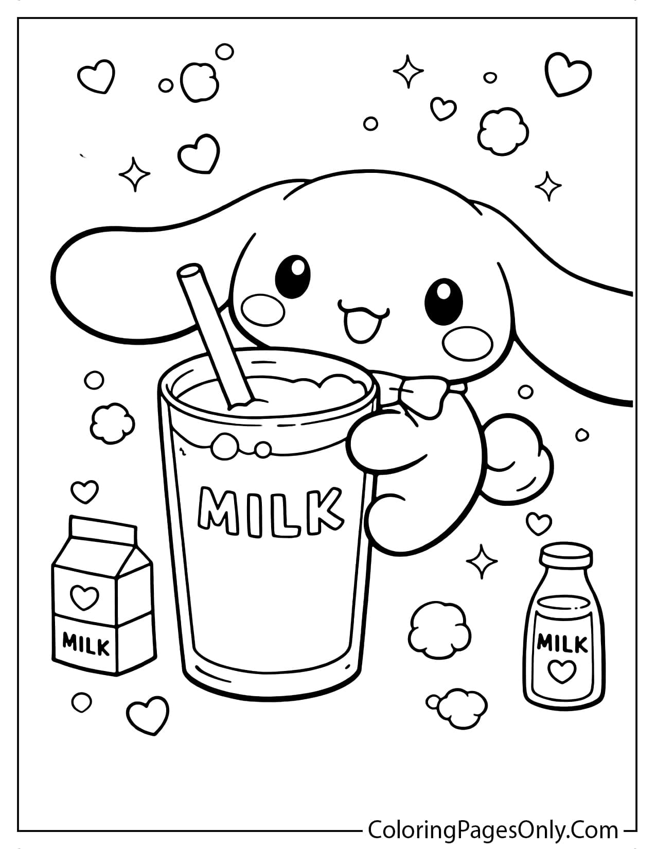 Cinnamoroll holding a large cup of milk with bottles and cute elements around from Cinnamoroll