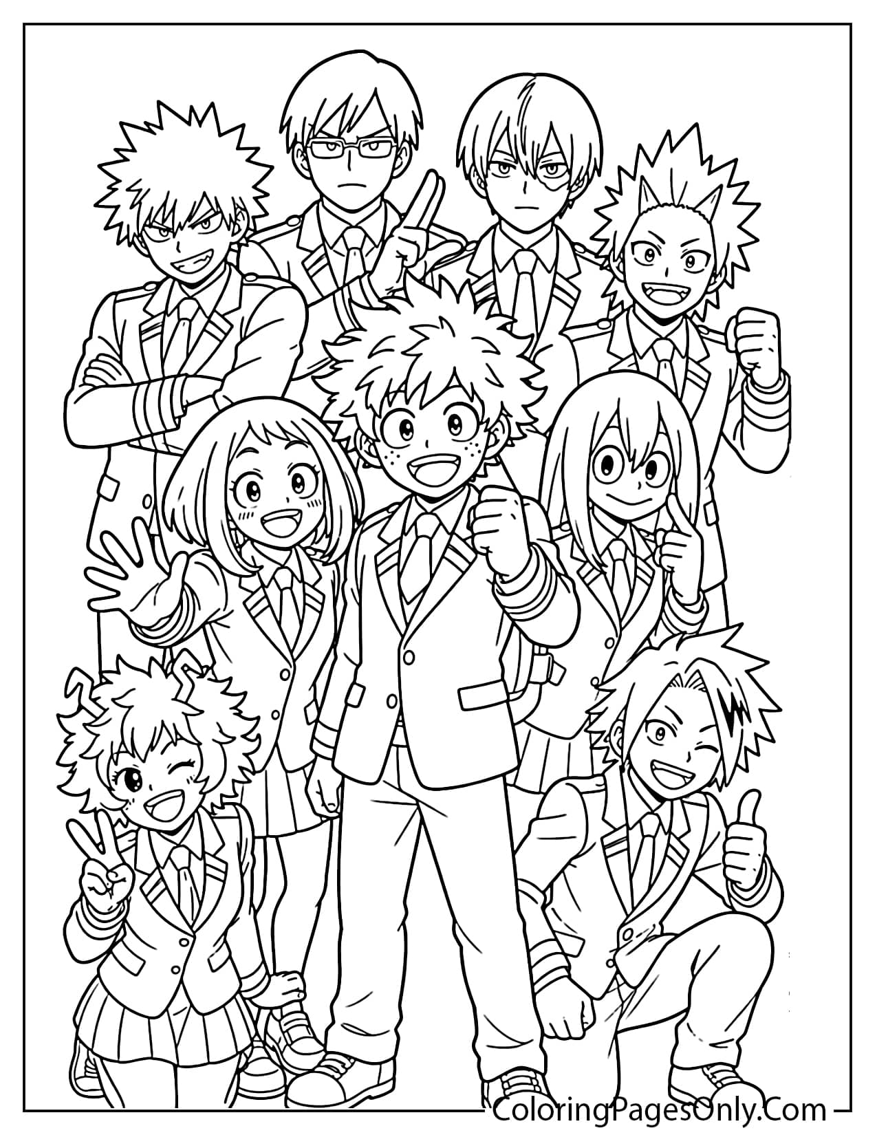 Deku with Class 1-A students in a group coloring page from Deku