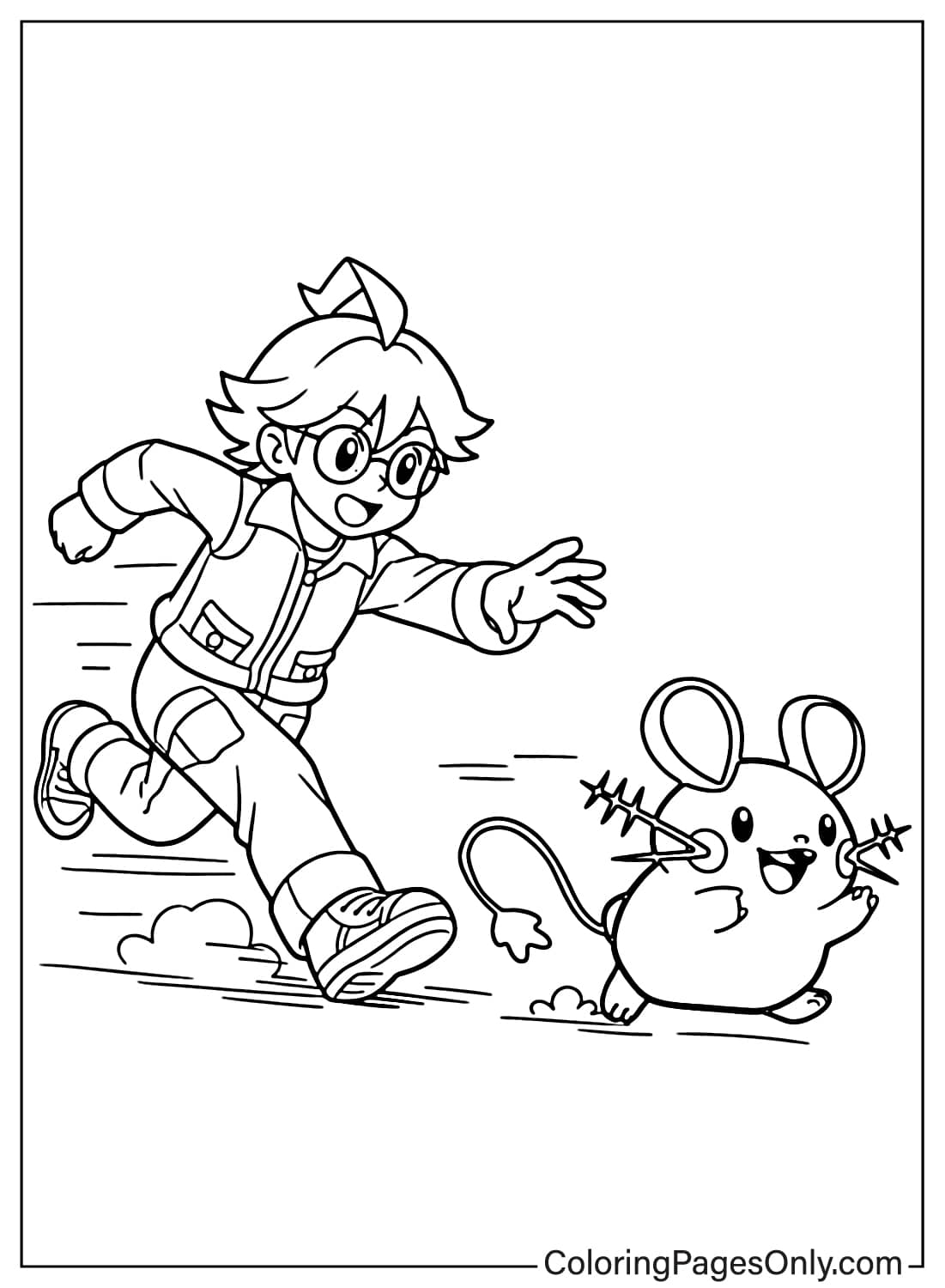 Clemont Coloring Pages running after Dedenne in fun scene from Clemont Pokemon