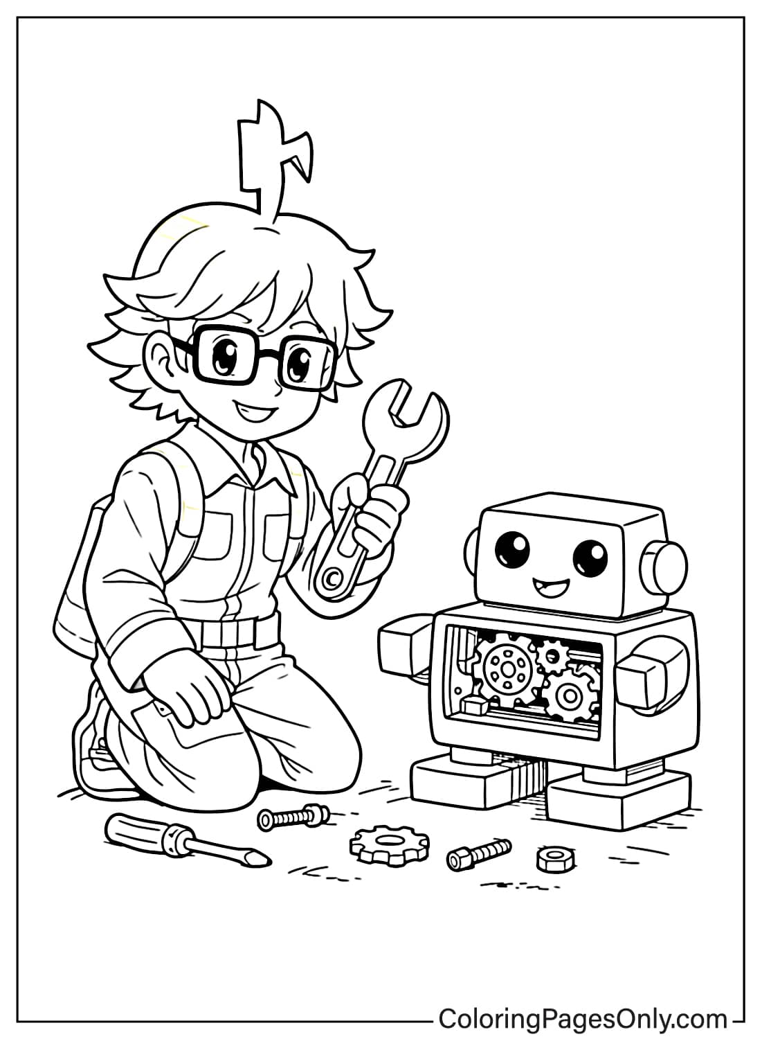 Clemont Coloring Pages repairing a simple robot with wrench from Clemont Pokemon