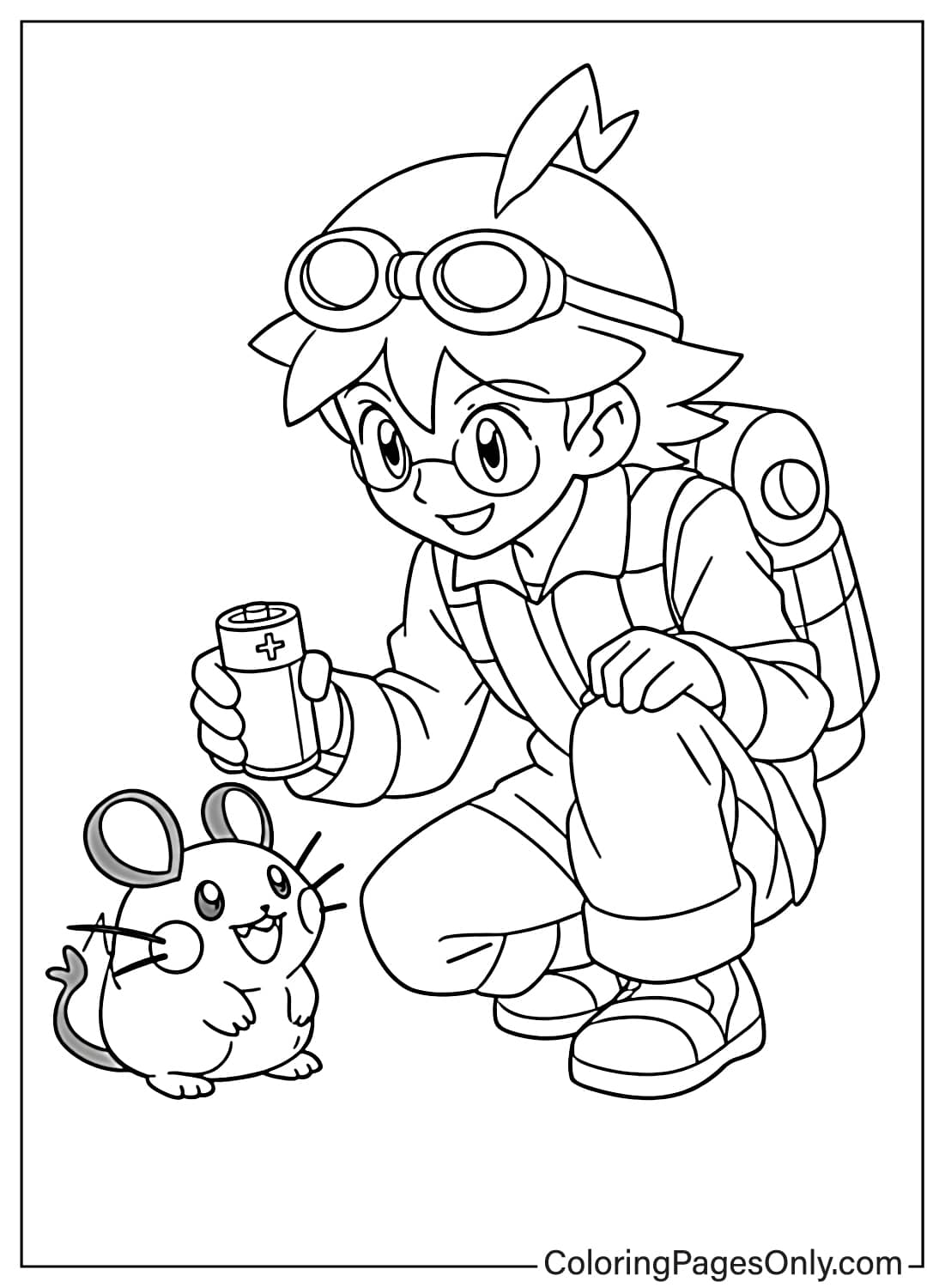 Clemont Coloring Pages holding battery and looking at Dedenne from Clemont Pokemon