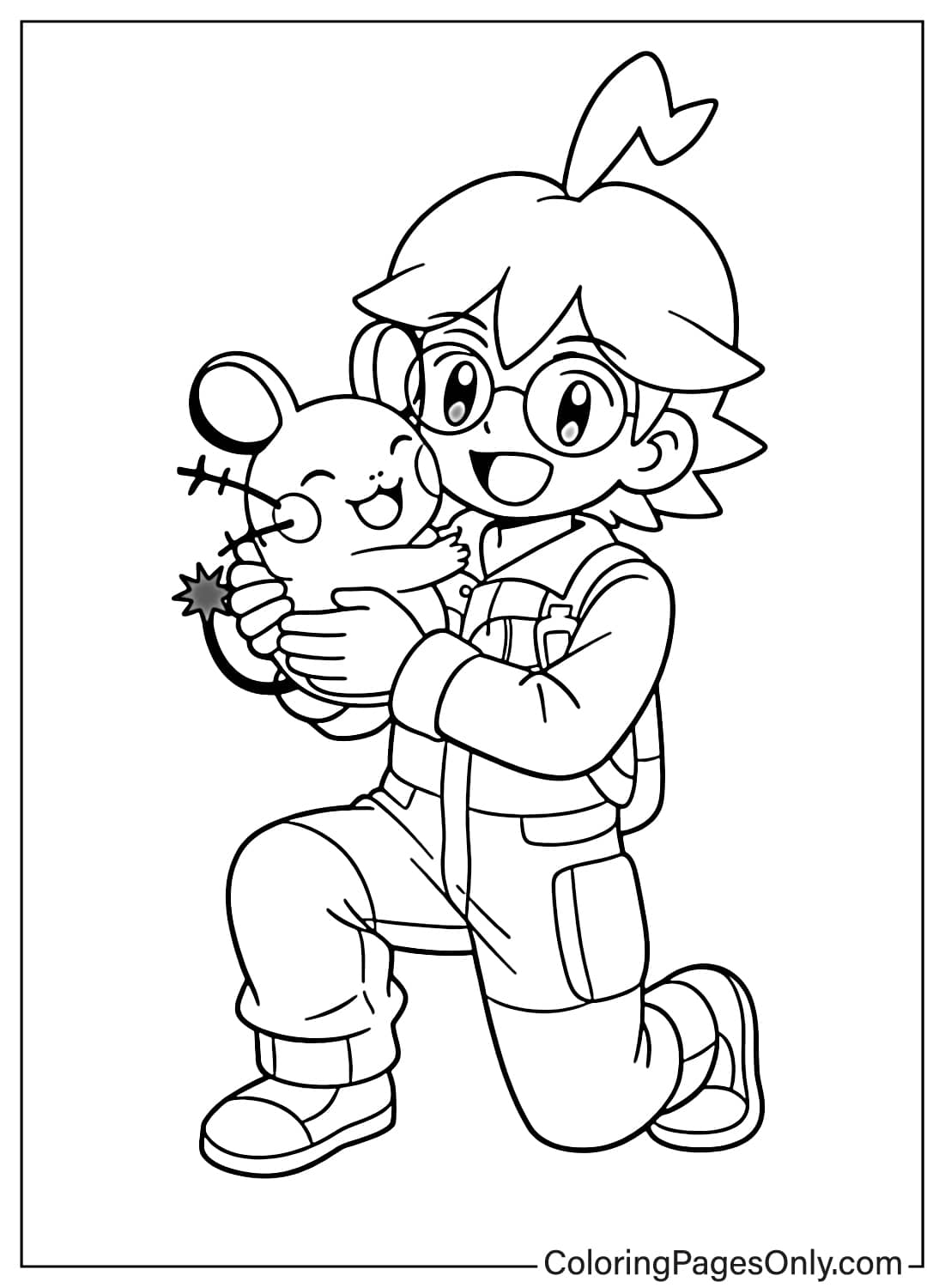 Clemont Coloring Pages holding Dedenne in a cute pose from Clemont Pokemon