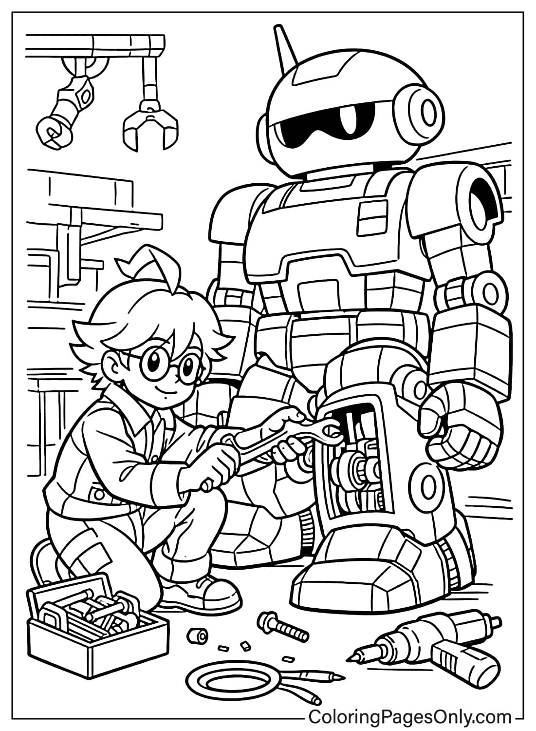 Clemont Coloring Pages fixing a big robot machine from Clemont Pokemon