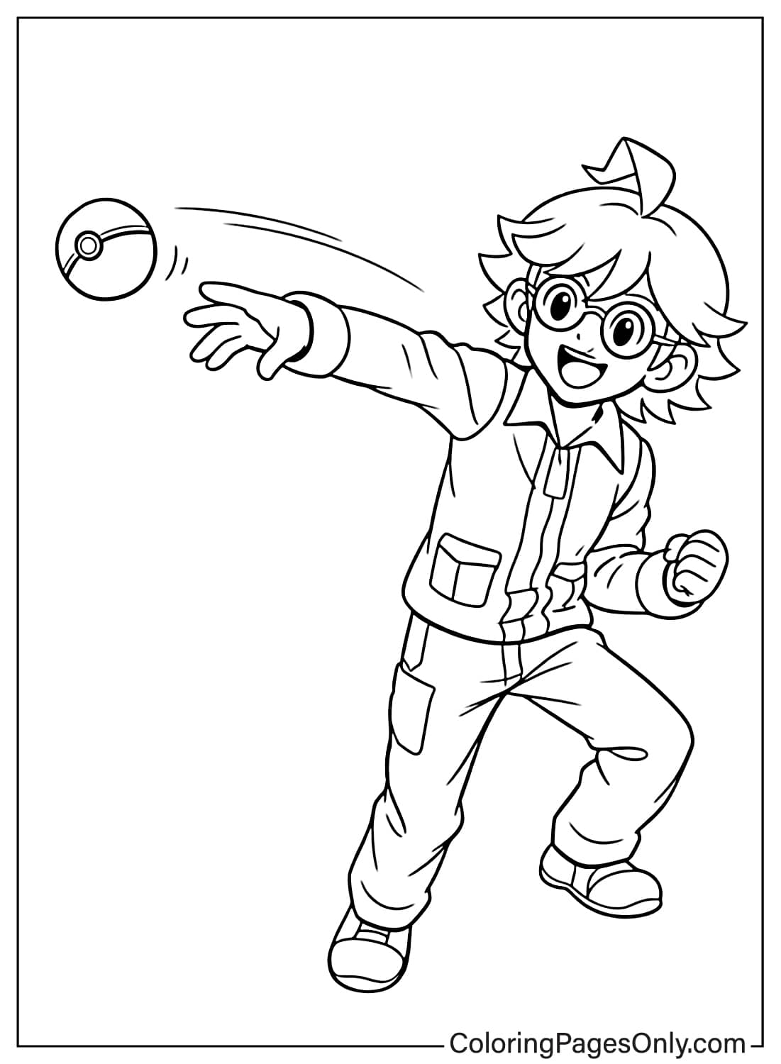 Clemont Coloring Pages throwing Pokeball in action pose from Clemont Pokemon