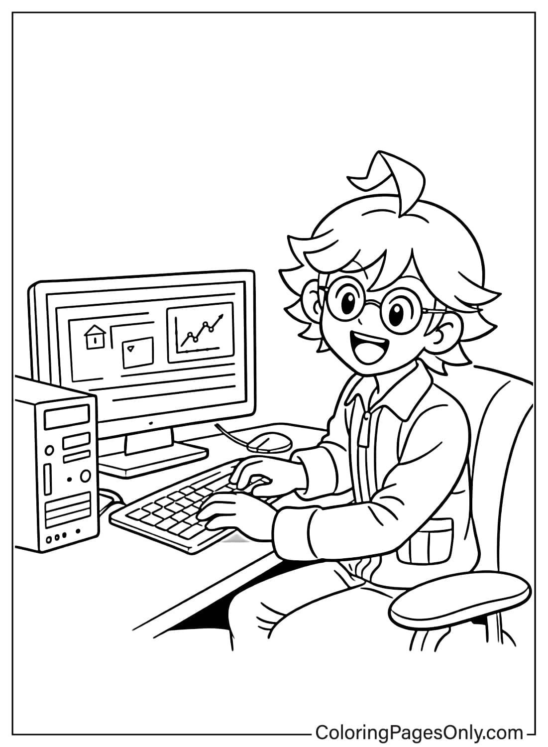 Clemont Coloring Pages working on computer in lab from Clemont Pokemon