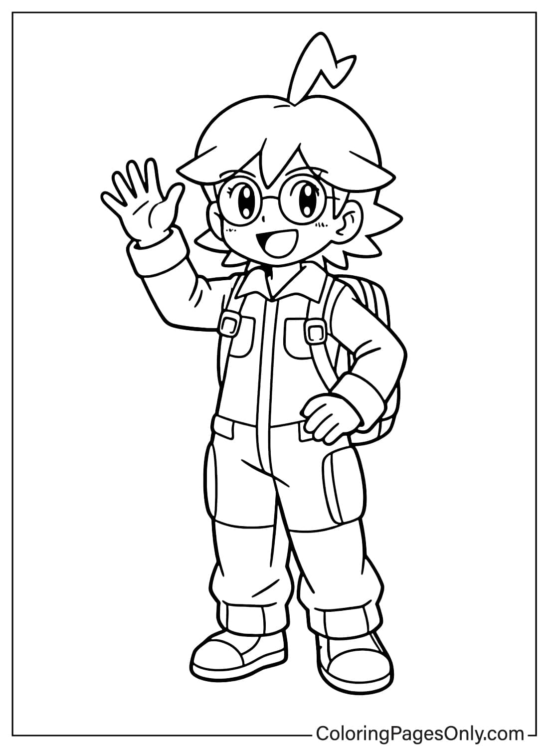 Clemont Coloring Pages character waving hello with backpack from Clemont Pokemon