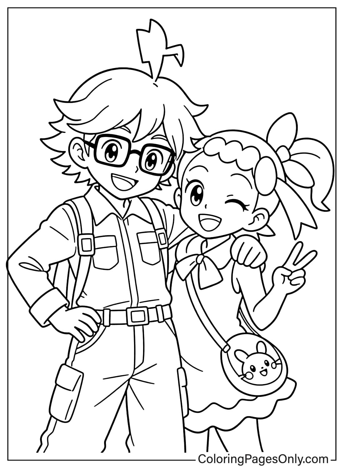 Clemont Coloring Pages with Bonnie smiling and posing together from Clemont Pokemon