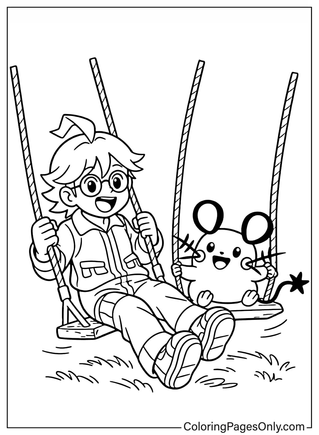 Clemont Coloring Pages playing on swing with Dedenne from Clemont Pokemon