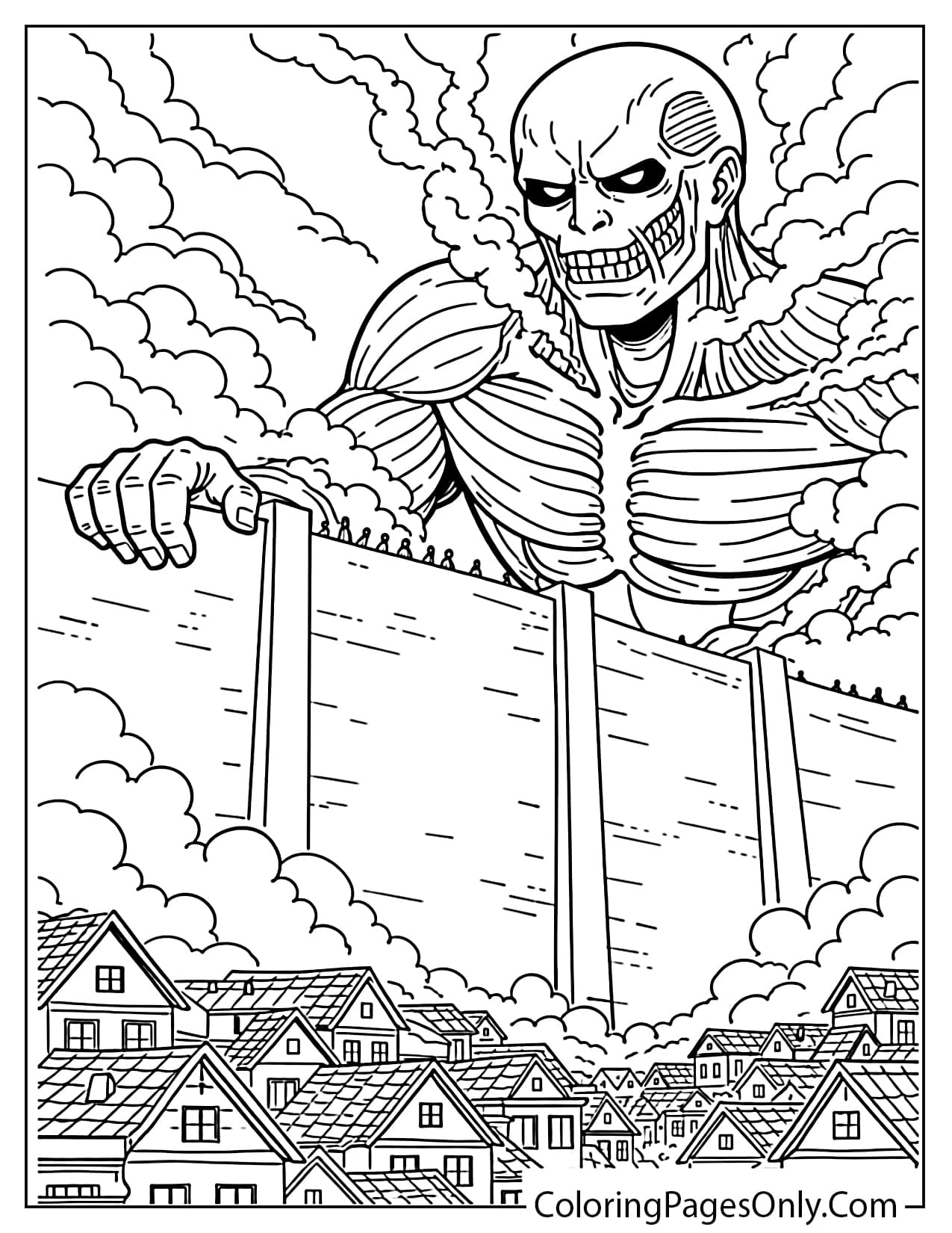 Colossal Titan towering over the wall above city houses coloring page from Attack On Titan