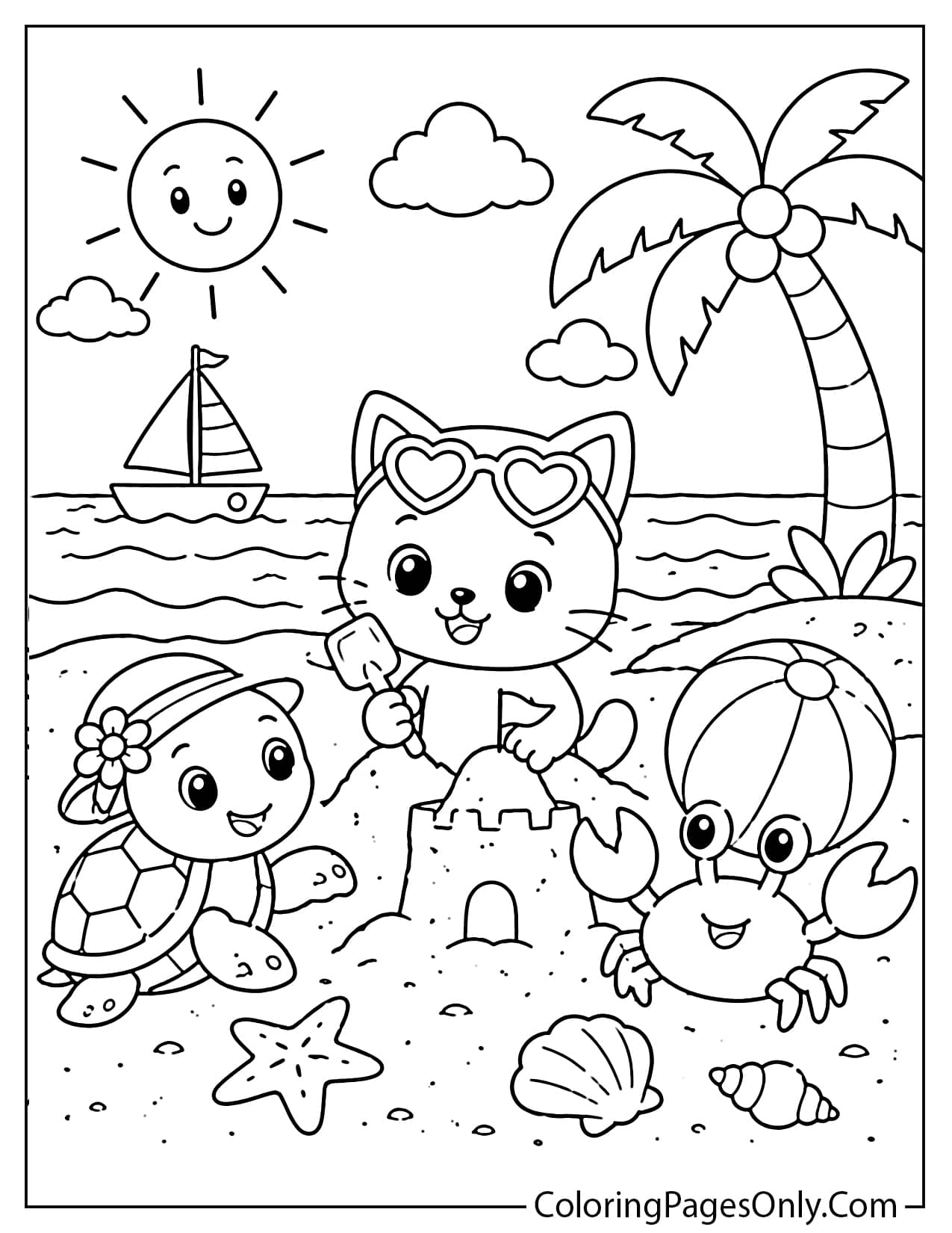Cute Animals at the Beach Coloring Page from Summer