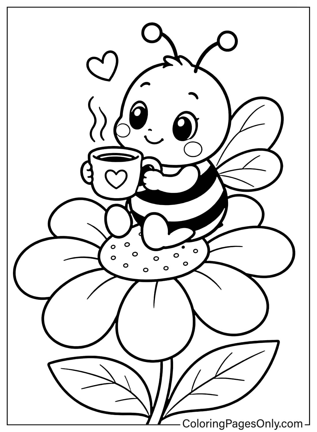 Adorable bee sitting on a big flower and drinking coffee – May spring coloring page from May