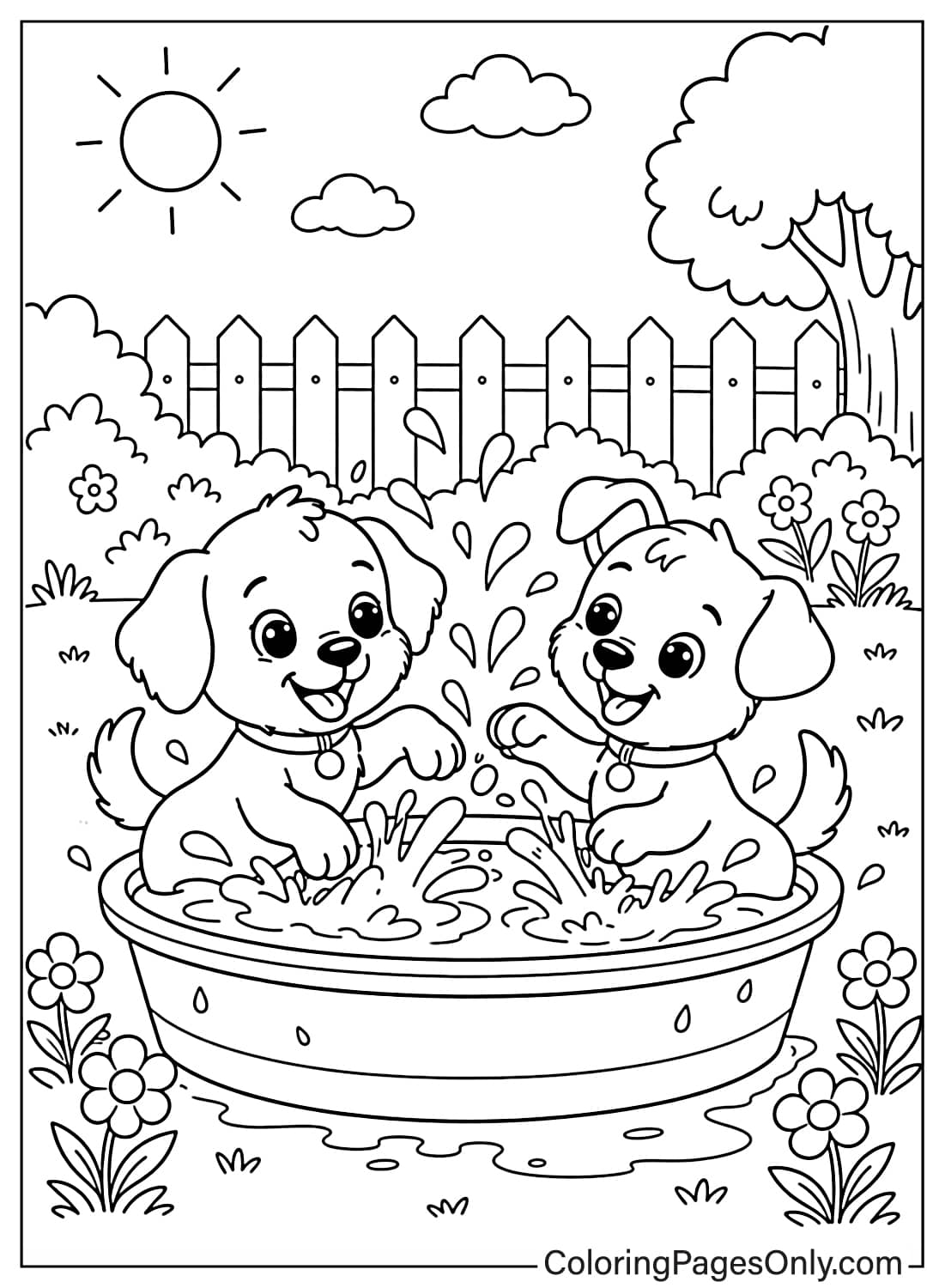 Two adorable puppies playing and splashing water in a garden with flowers – May coloring page for kids from May