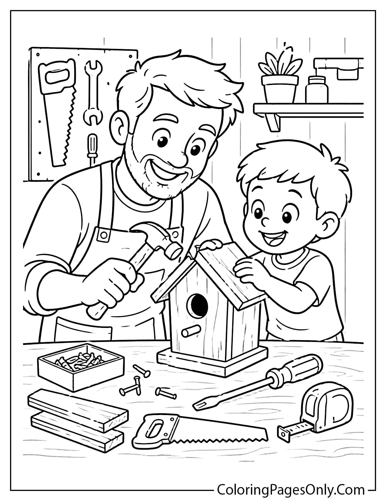 Dad and child building together coloring page with tools and wood project from Father's Day