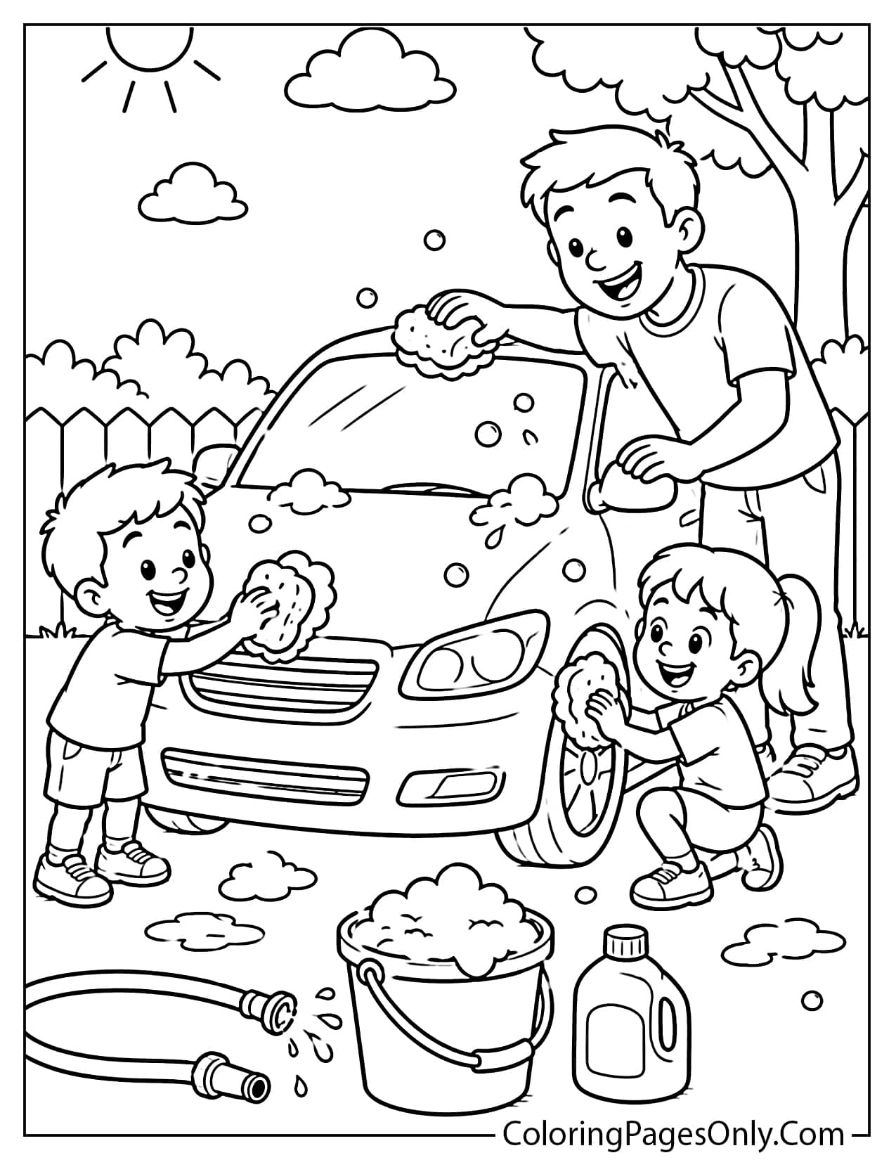 Dad and kids washing the car coloring page for father’s day from Father's Day