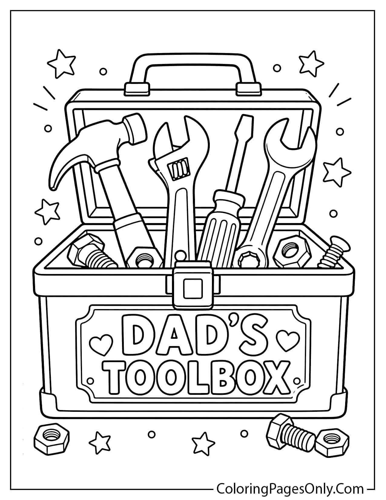 Dad’s toolbox coloring page with hammer wrench and screwdriver from Father's Day