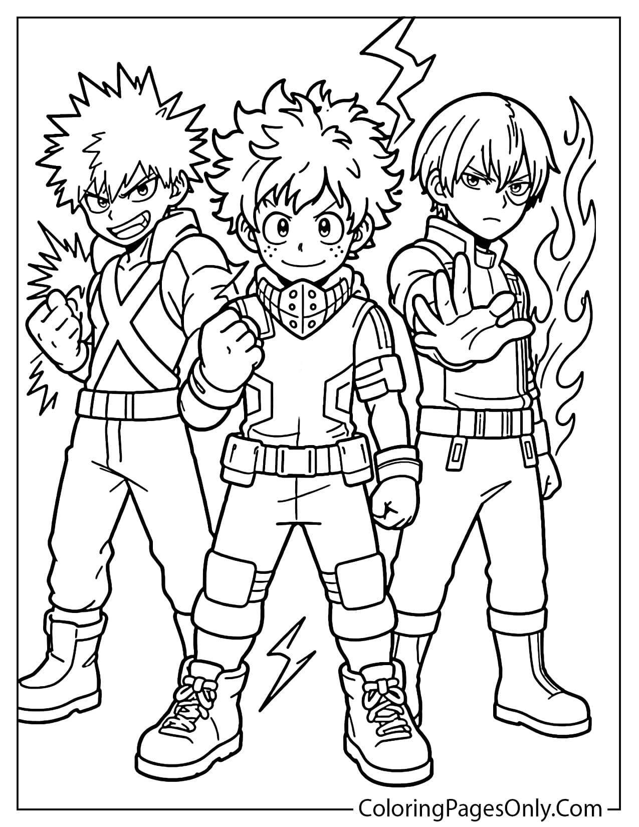 Deku Bakugo and Todoroki ready for battle coloring page from Deku
