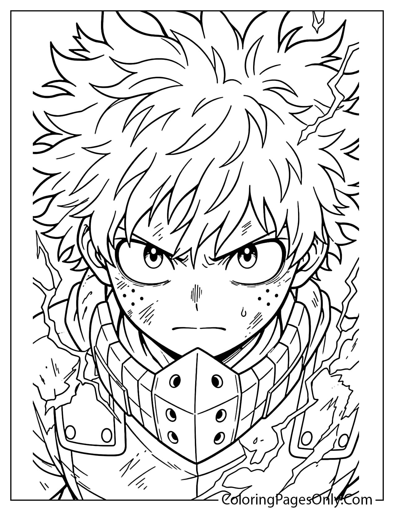 Deku close-up face with focused eyes coloring page from Deku