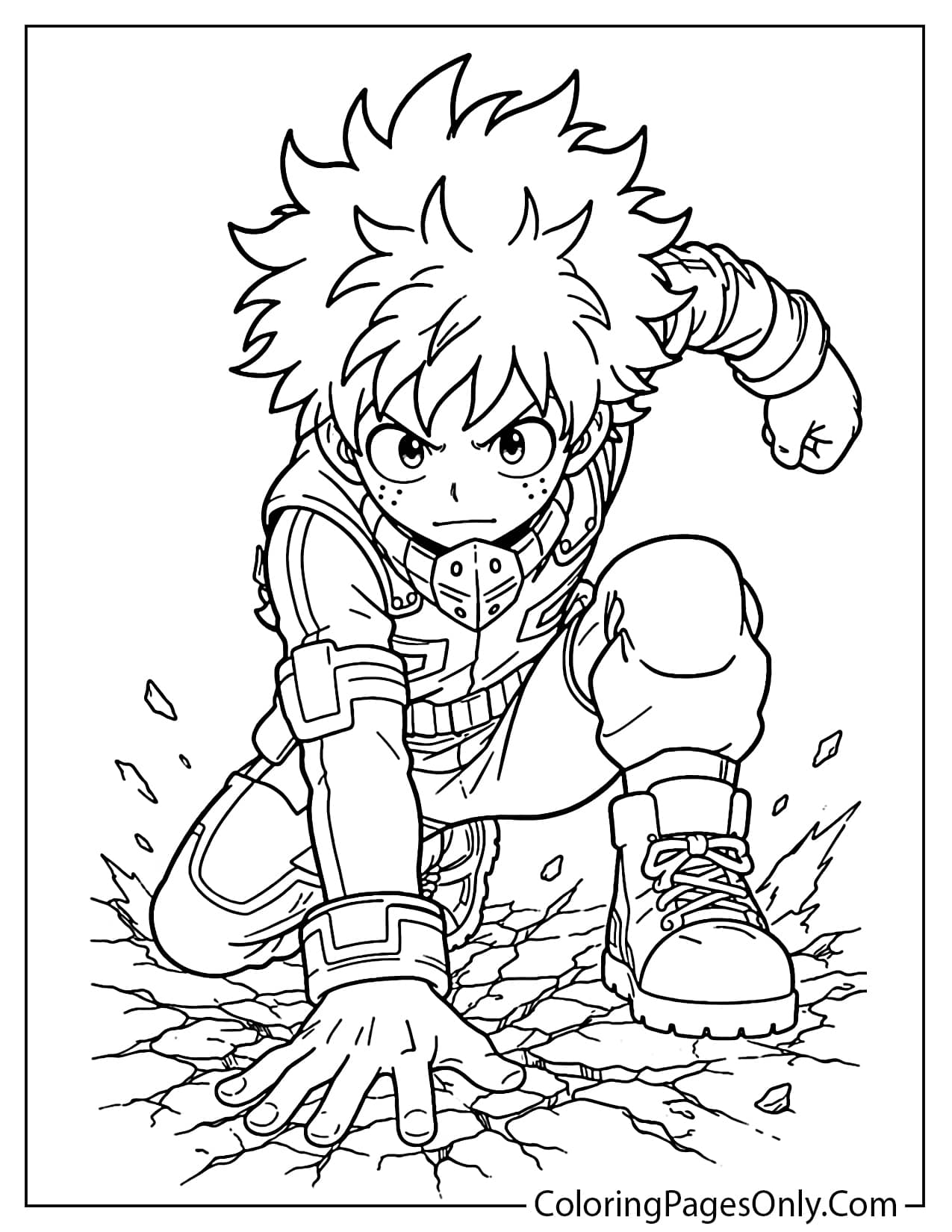 Deku hero landing with cracked ground coloring page from Deku