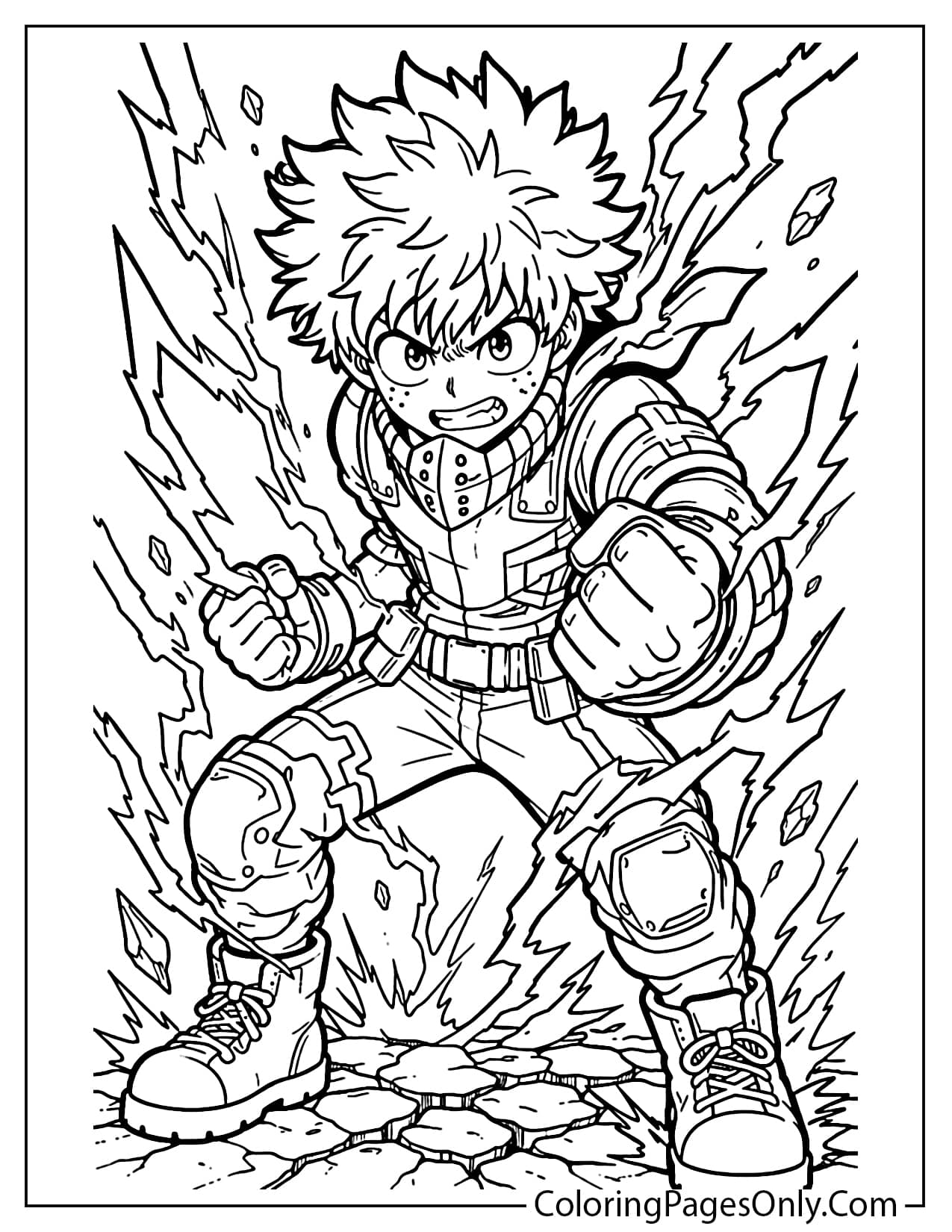 Deku awakening his power with lightning energy coloring page from Deku