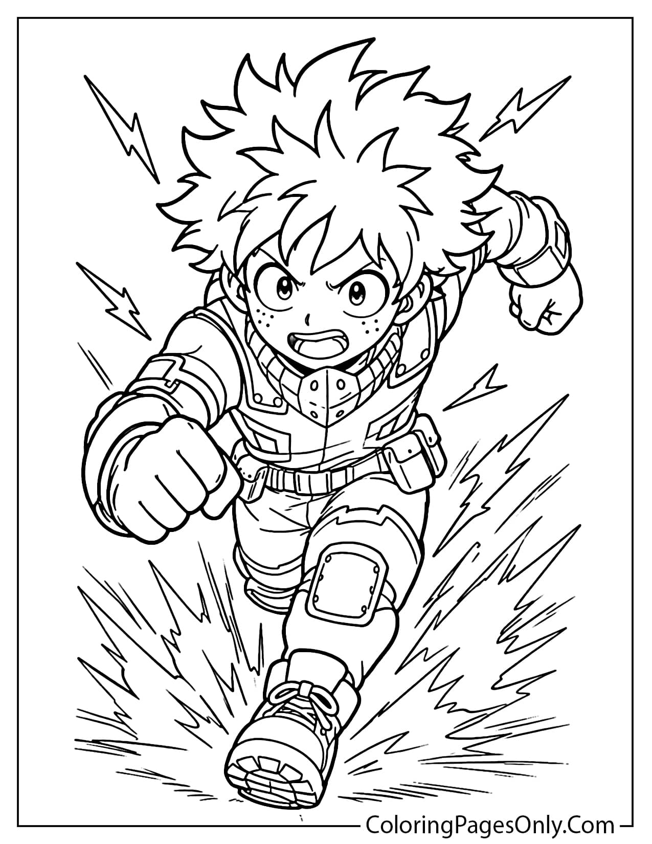 Deku running into battle with action pose coloring page from Deku
