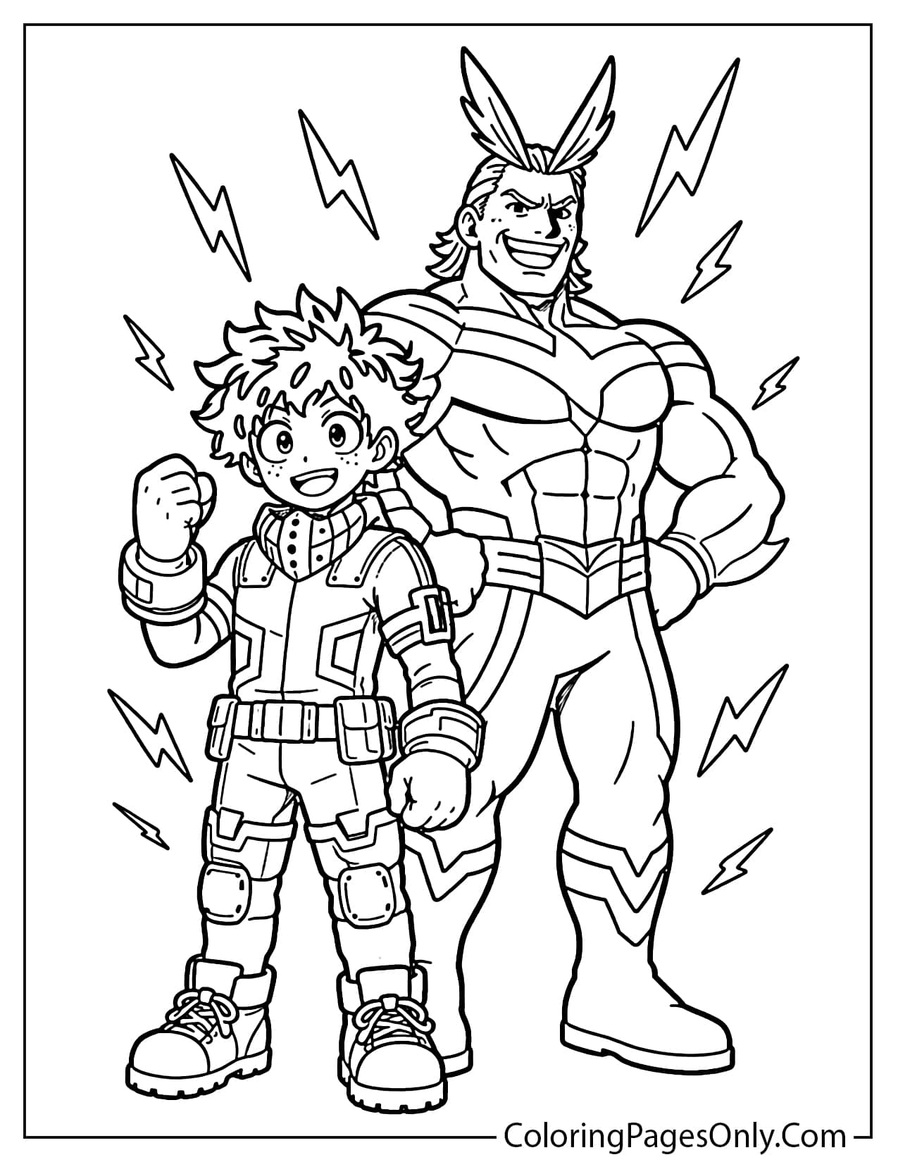 Deku and All Might standing in heroic poses coloring page from Deku