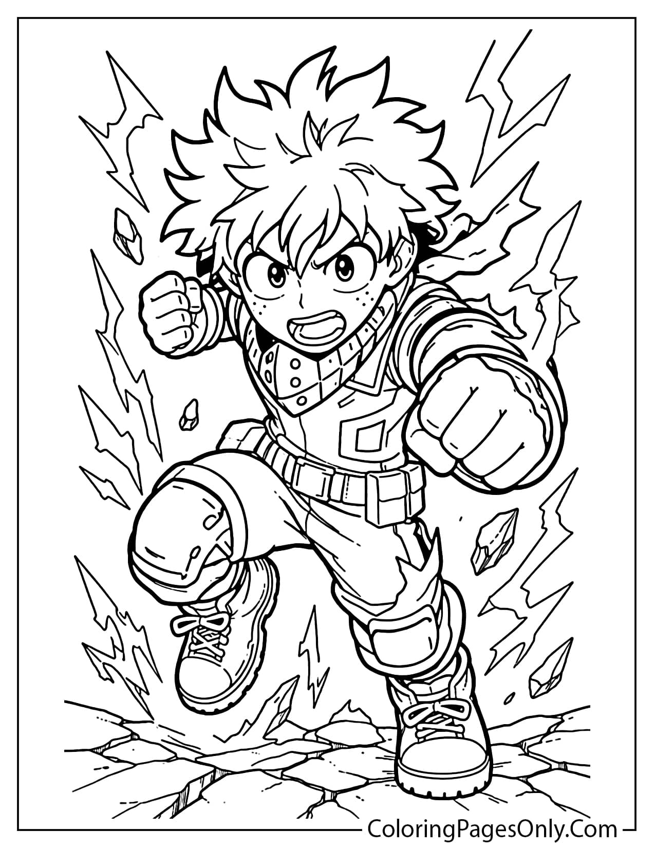 Detailed Deku battle scene with strong action pose coloring page from Deku