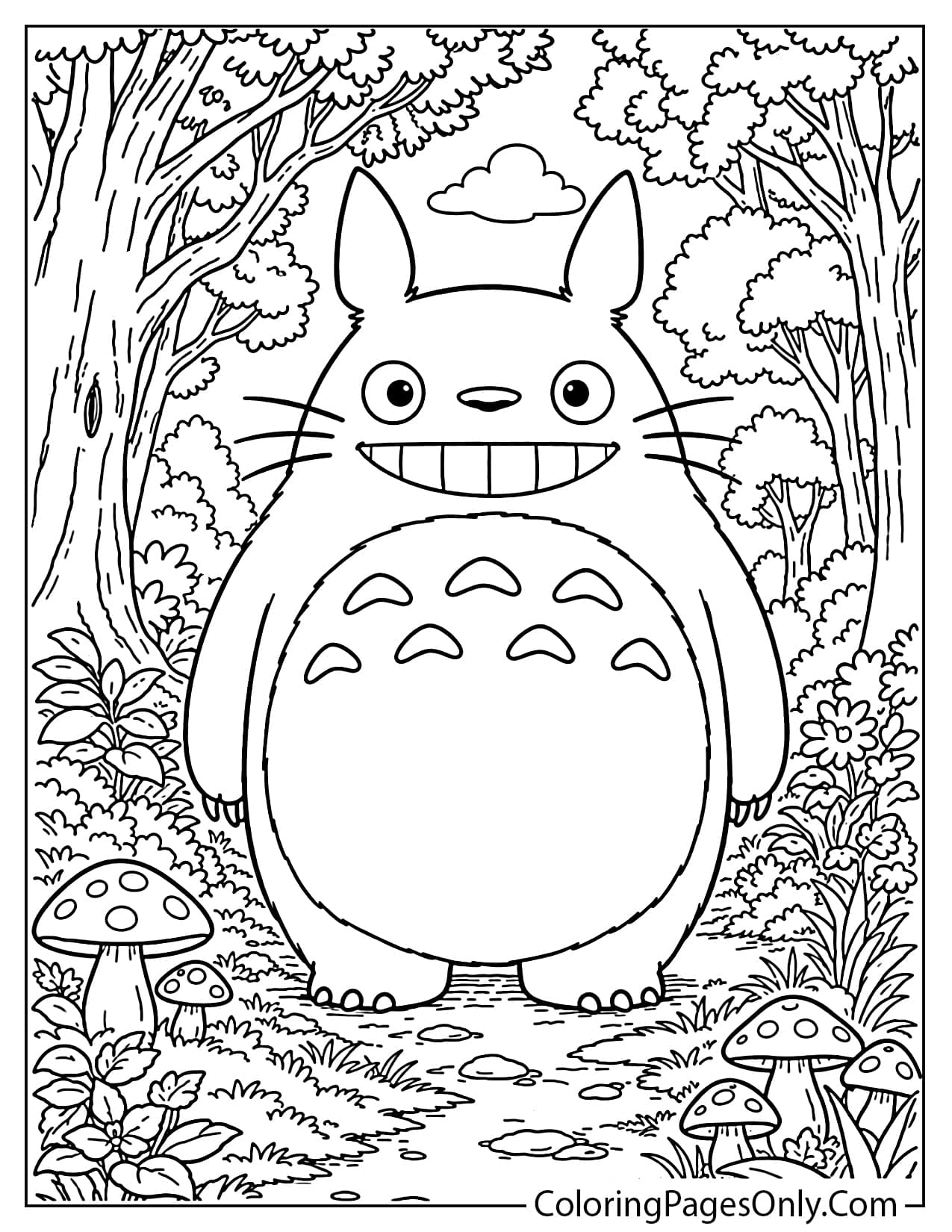 Detailed Totoro standing in a forest scene coloring page from My Neighbor Totoro