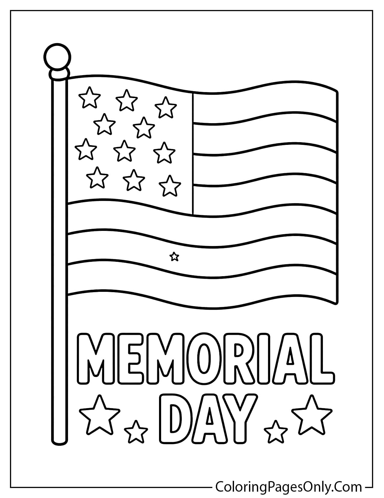 Easy American flag Memorial Day coloring page with bold black outlines from Memorial Day