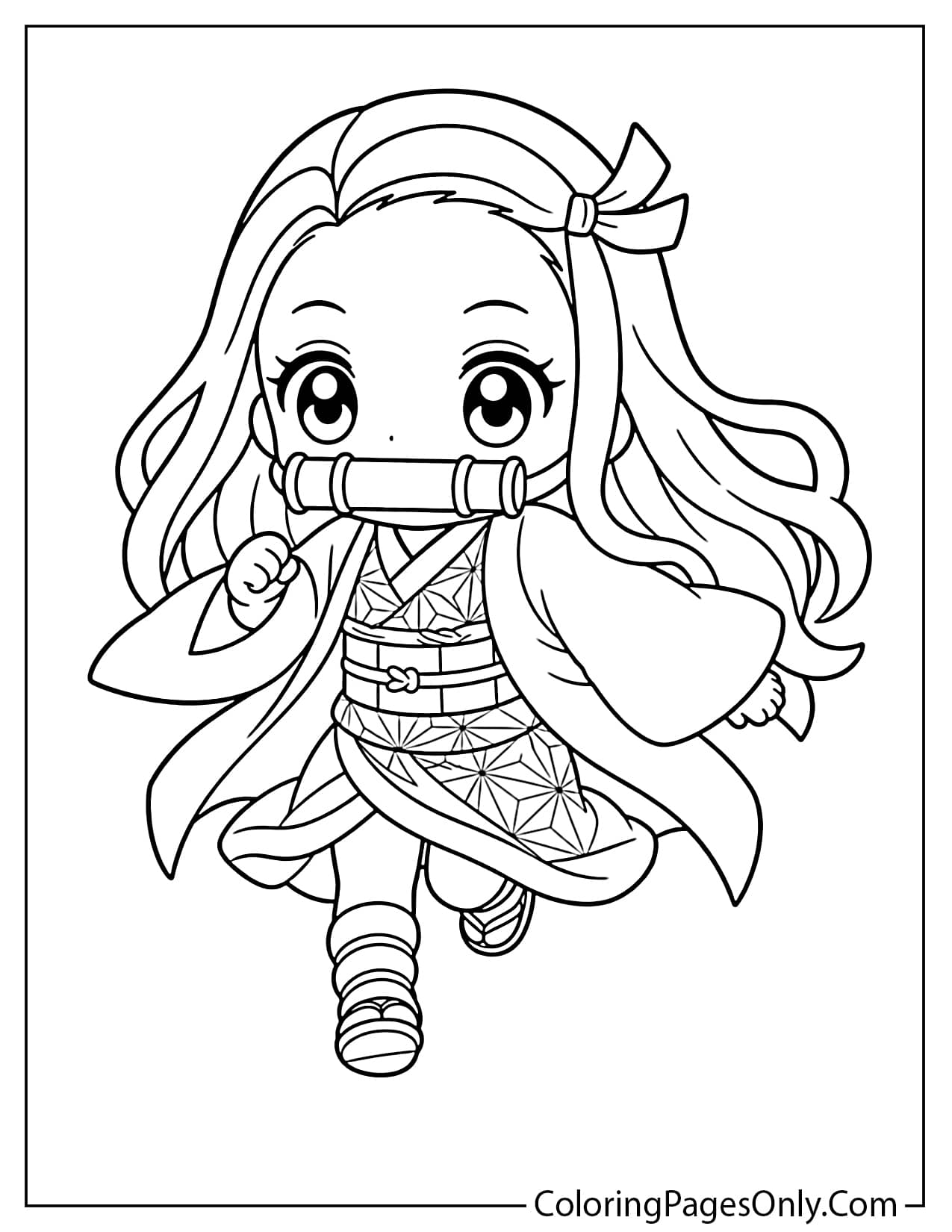 Easy chibi Nezuko running in her kimono with a bamboo muzzle from Nezuko