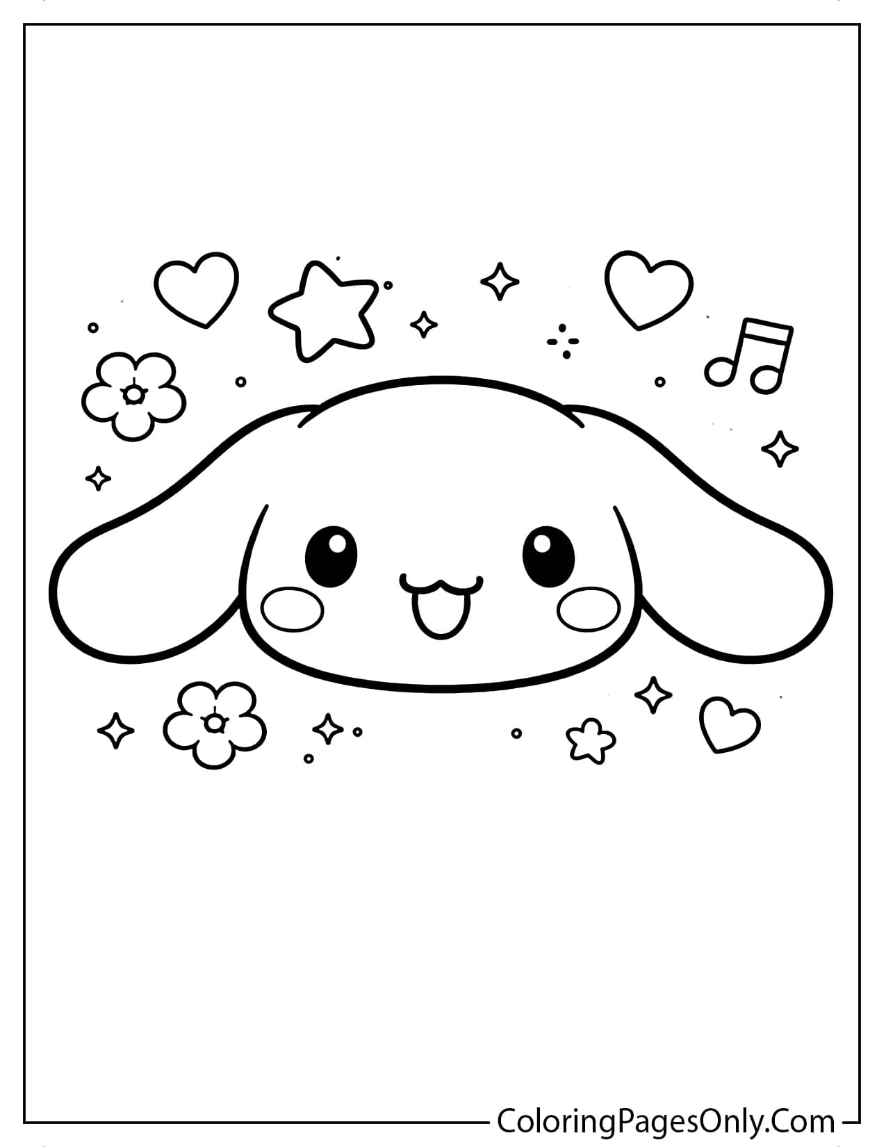 Cinnamoroll face close-up with stars, hearts, flowers, and music notes in a cute simple style from Cinnamoroll