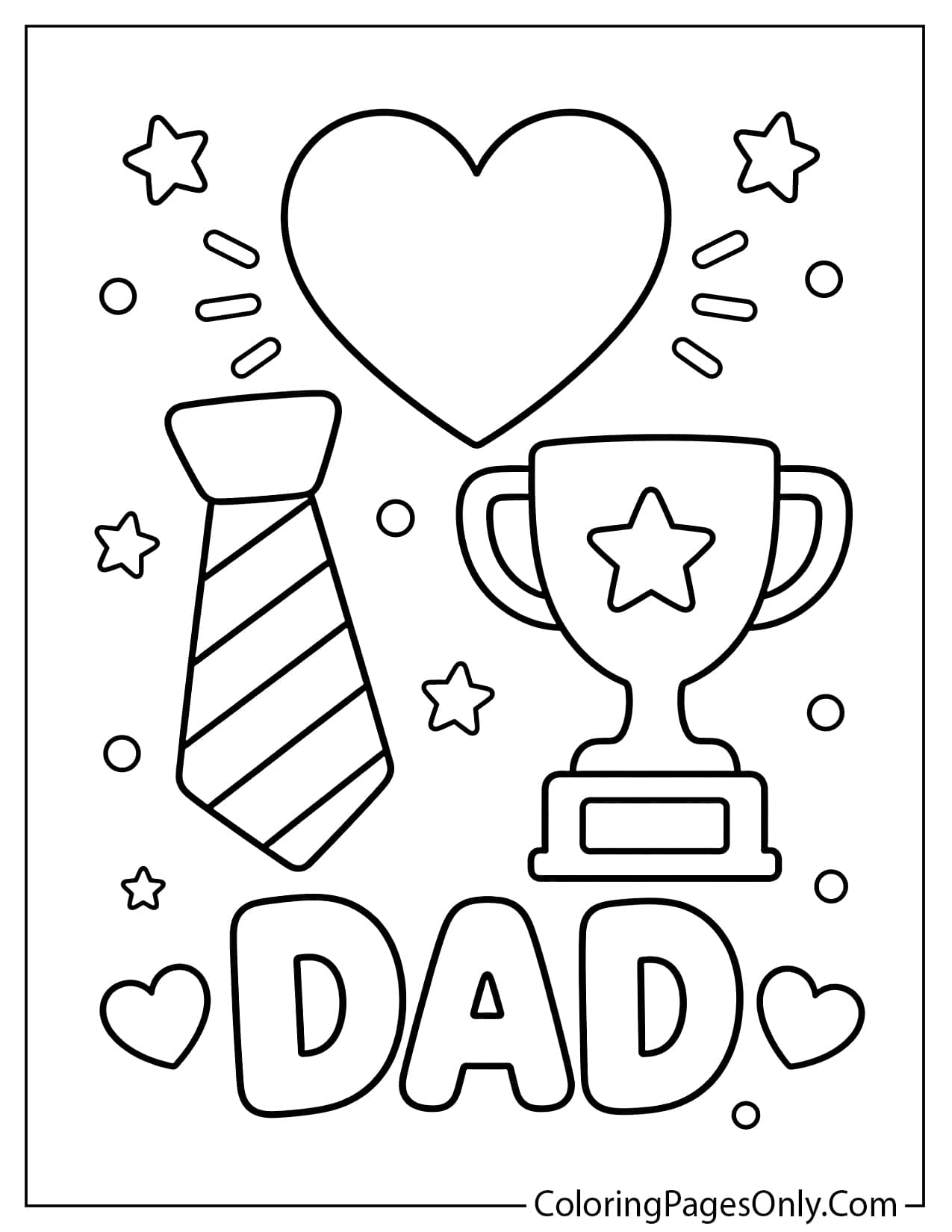 Easy father’s day coloring page for preschoolers with heart tie and trophy from Father's Day