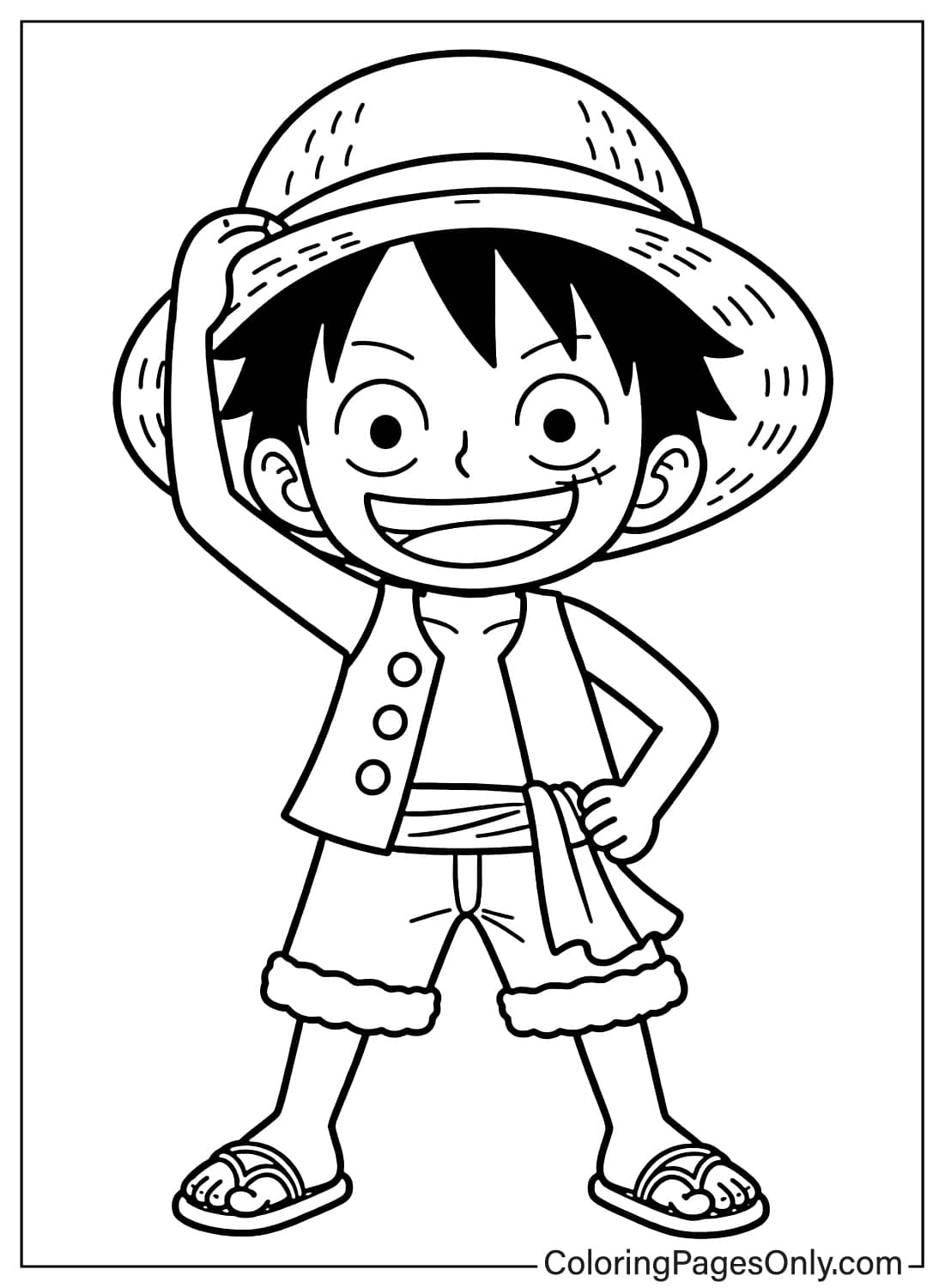 Easy outline of Luffy standing with one hand on his straw hat and a cheerful smile from Luffy