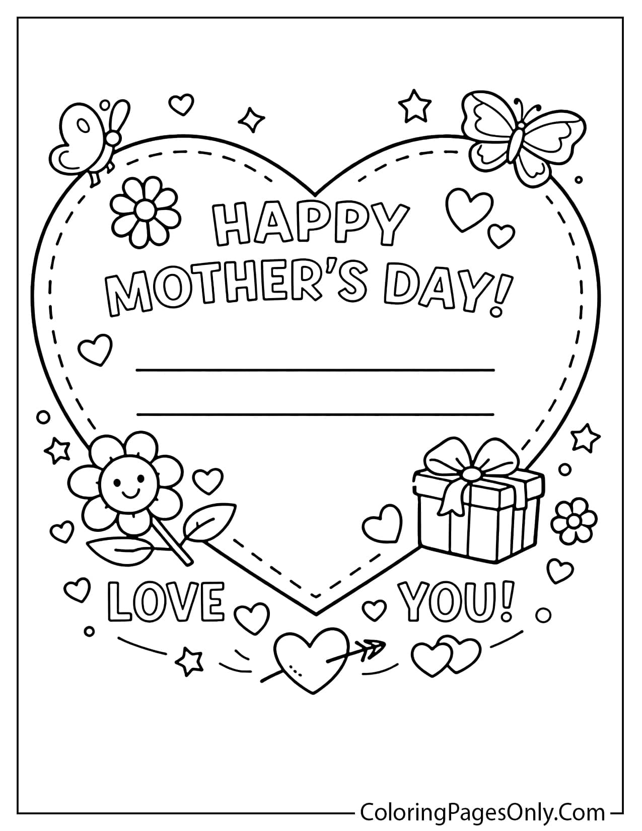 Easy Mother’s Day heart card coloring page with cute decorations and space to write a message from Mother's Day