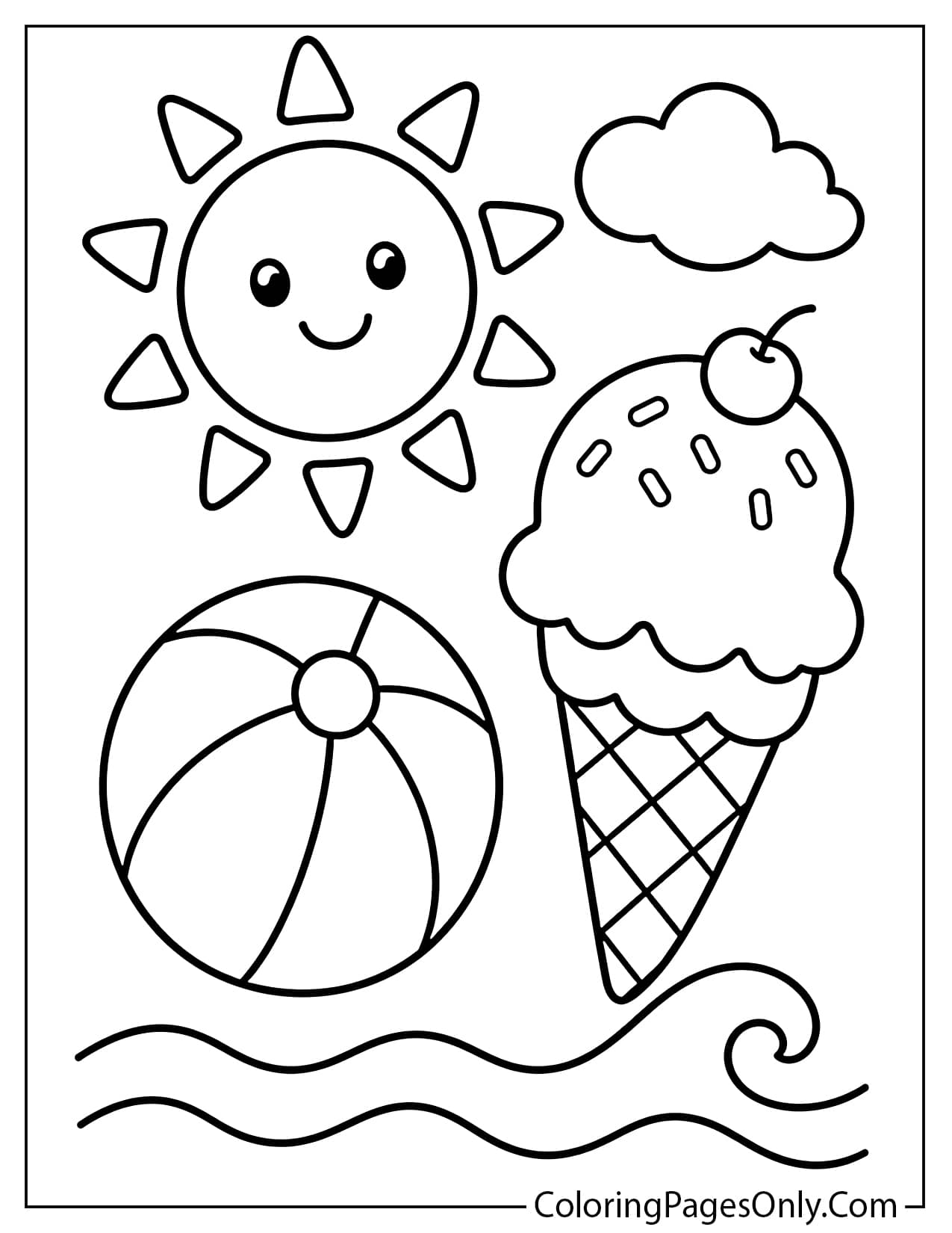 Easy summer coloring page for preschoolers with sun ice cream and beach ball from Summer