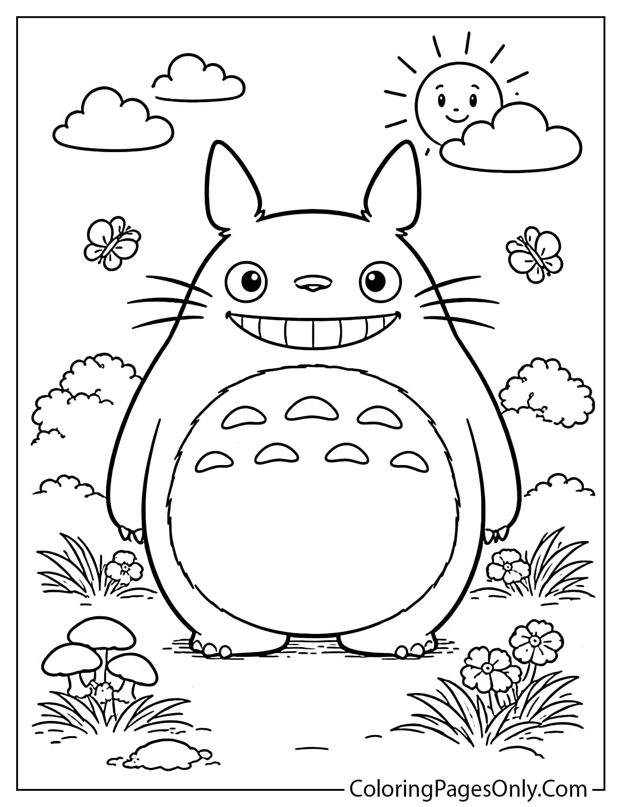 Easy Totoro coloring page for kids with flowers and clouds from My Neighbor Totoro